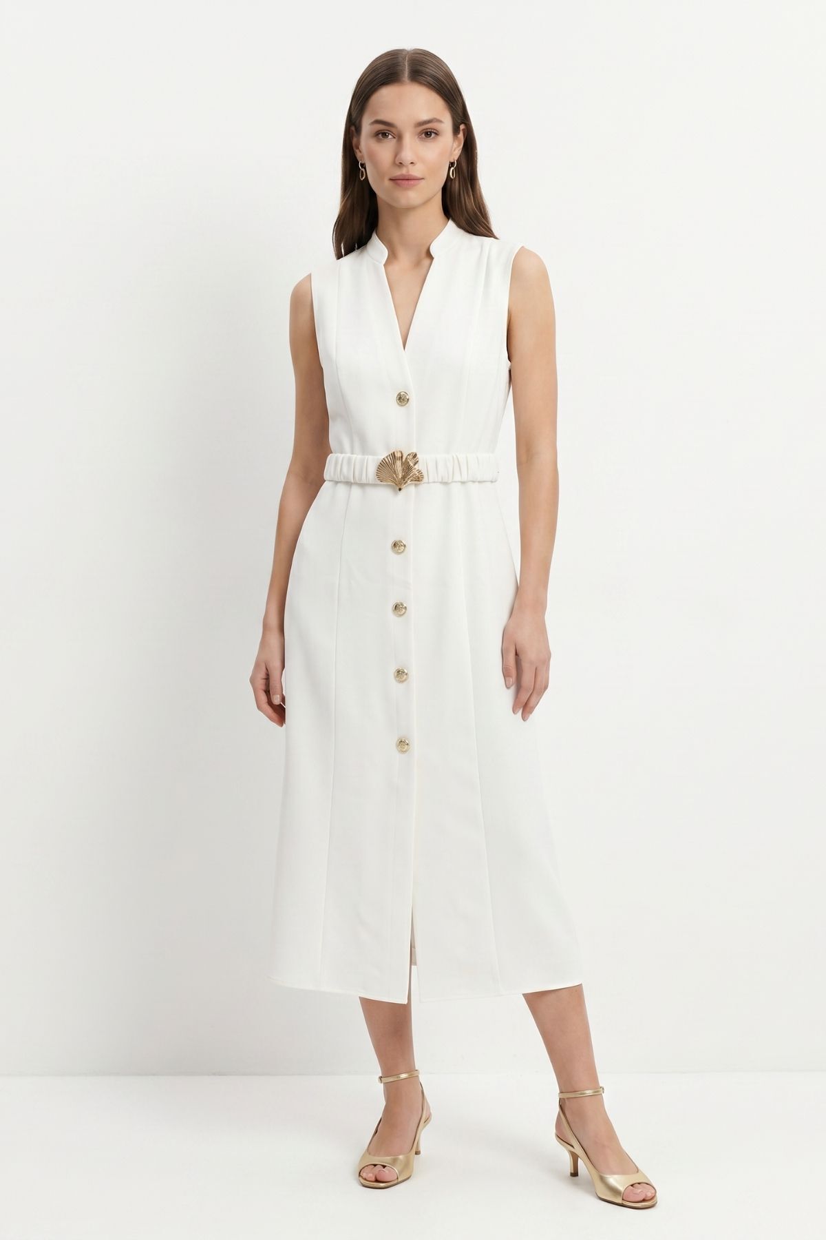 Ekru Bel Tokalı Kolsuz Midi Elbise 261670 - 2