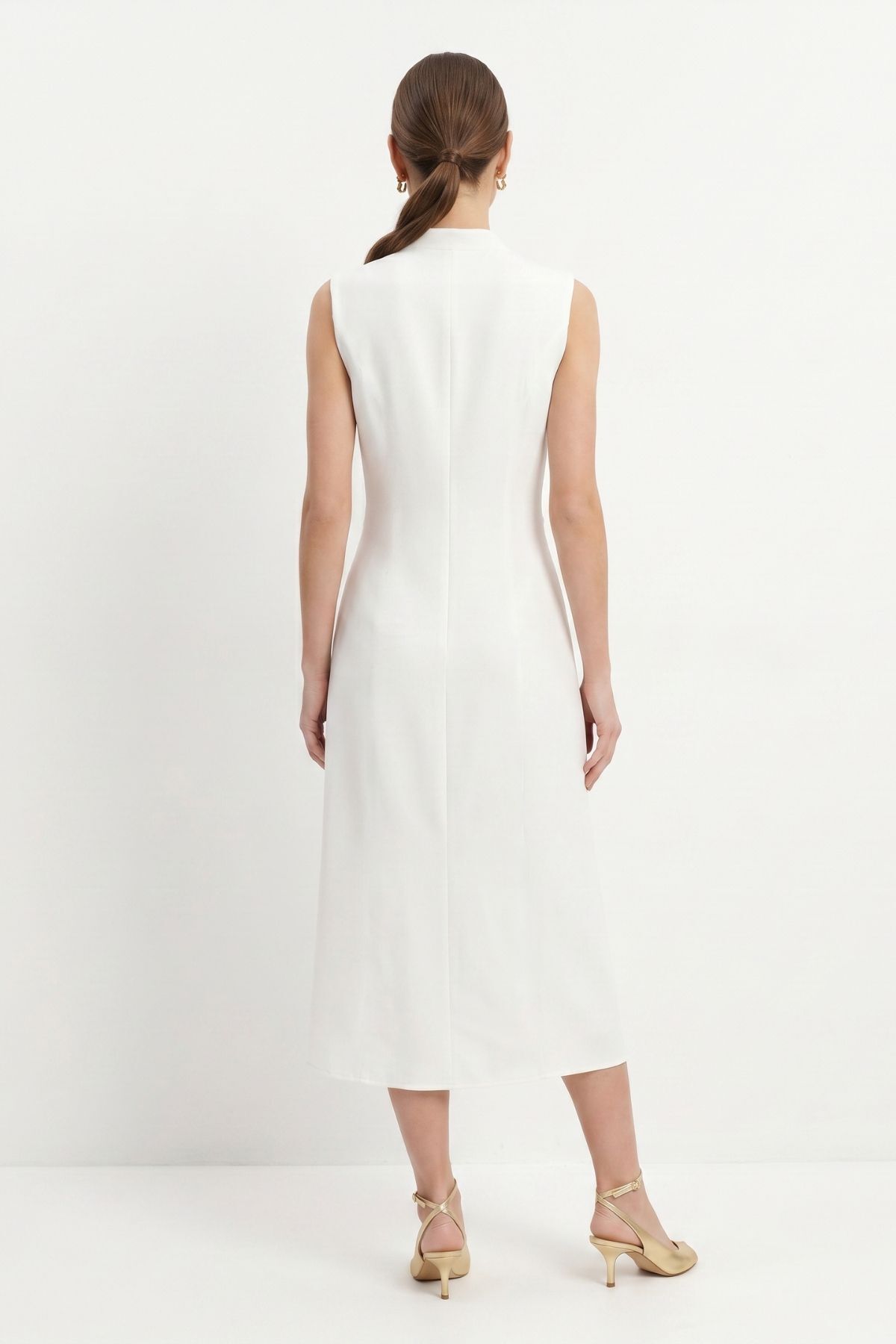Ekru Bel Tokalı Kolsuz Midi Elbise 261670 - 3