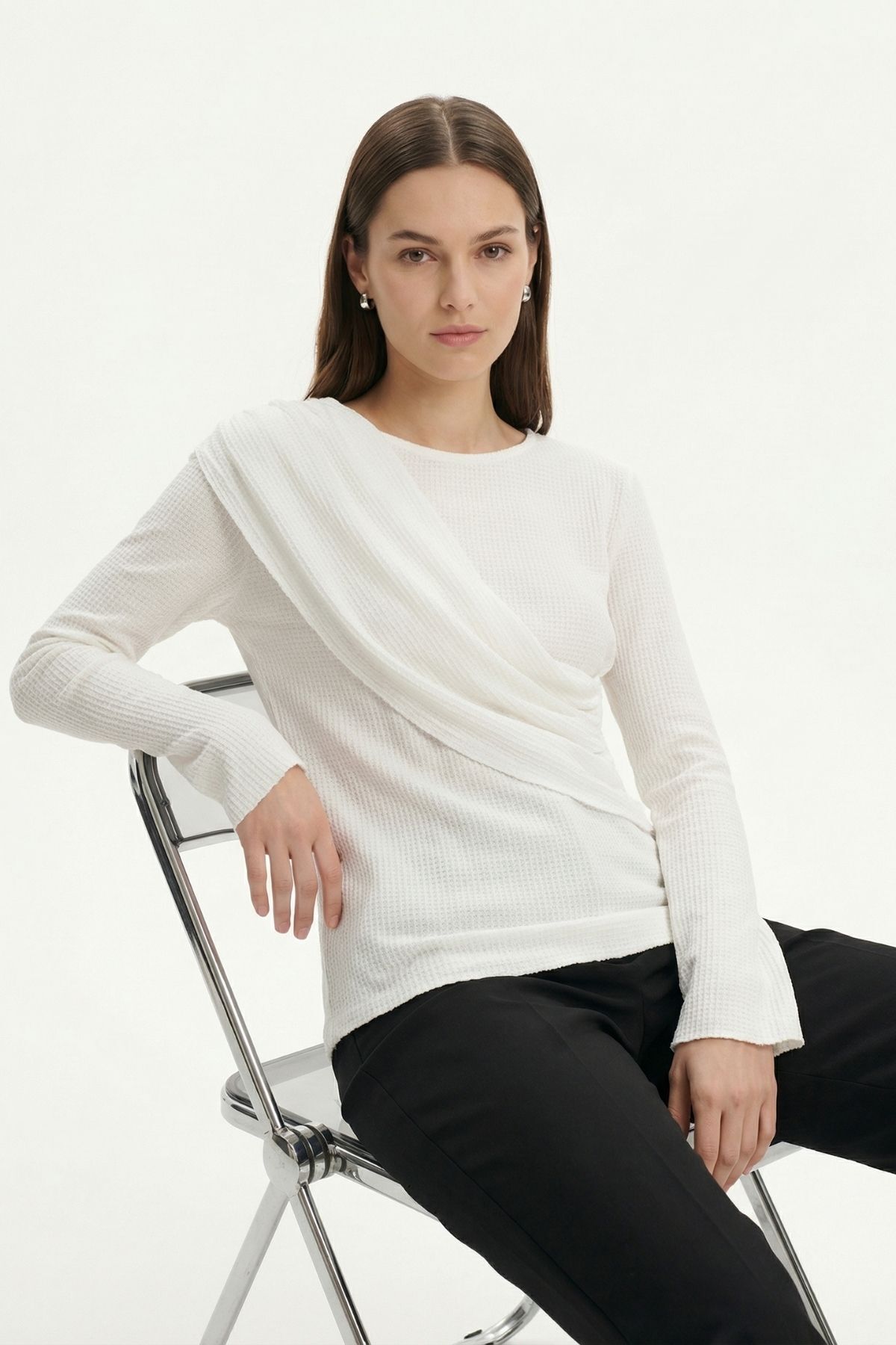 Ekru Bisiklet Yaka Drapeli Bluz 252134 - 2