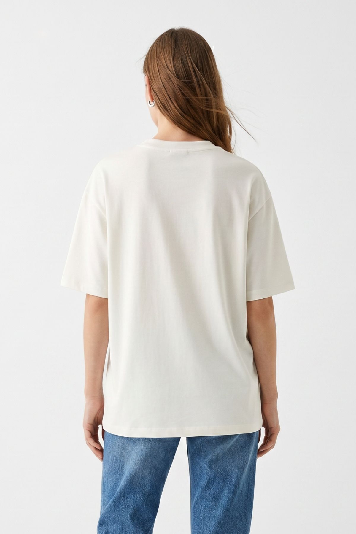 Ekru Bisiklet Yaka Kısa Kol Baskılı Oversize Tişört 8458 - RAYS