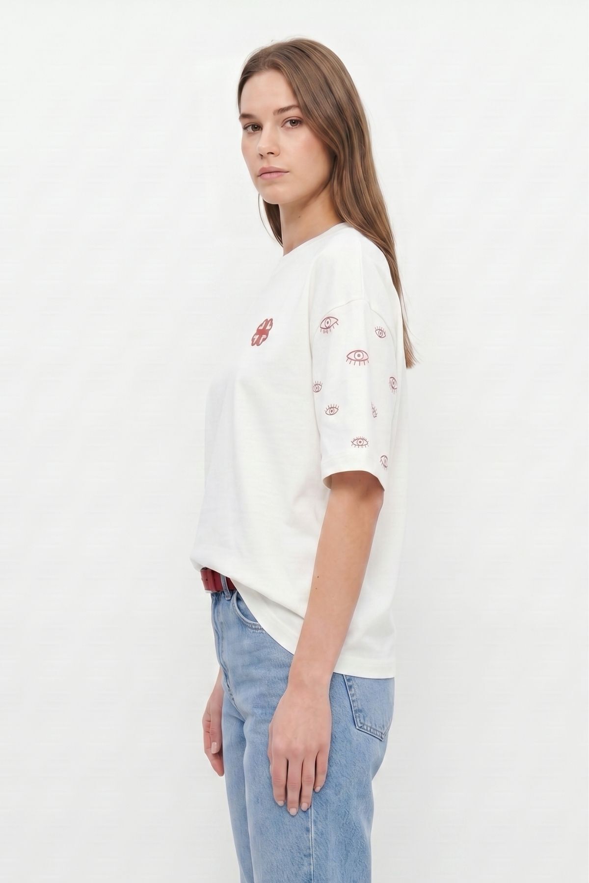 Bisiklet Yaka Kısa Kol Yazı Baskılı Oversize Tişört 8480 Ekru - RAYS