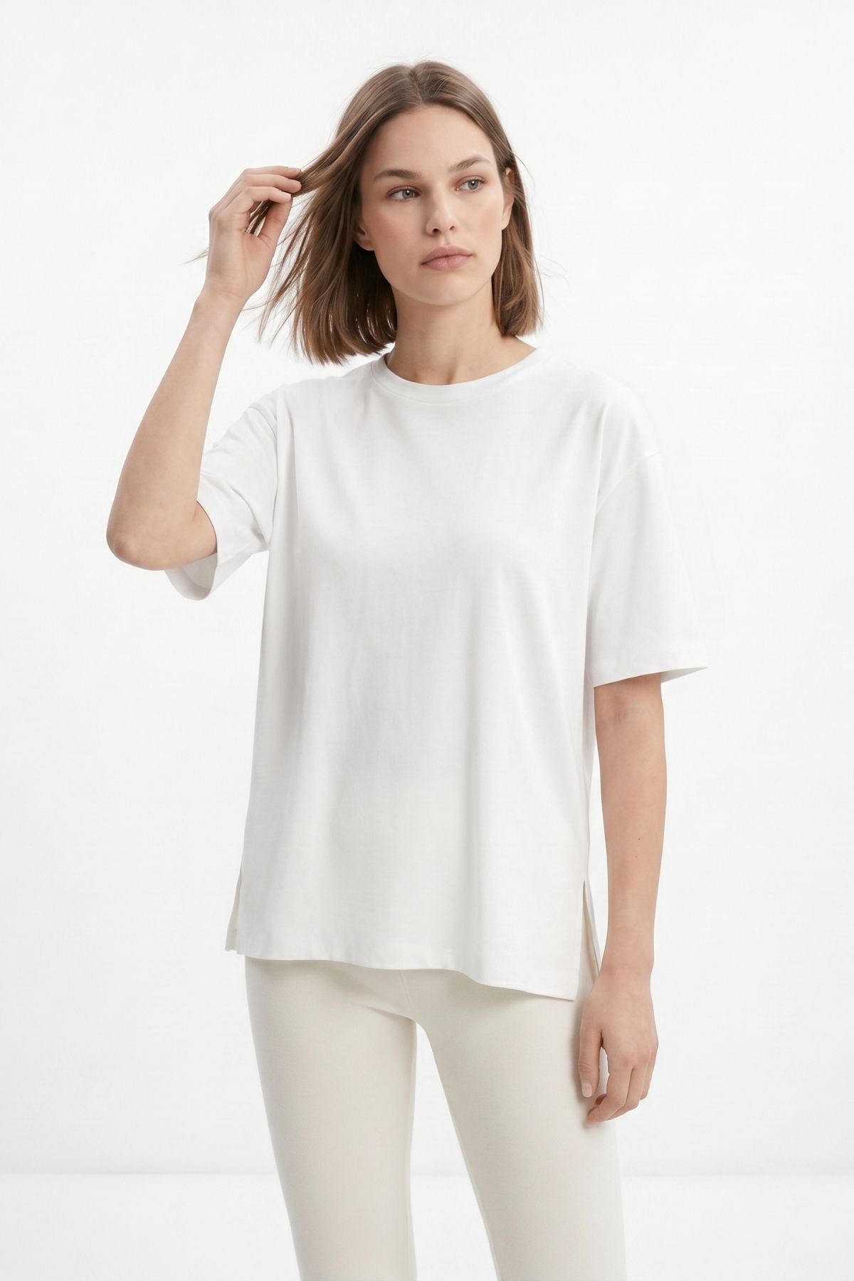 Ekru Bisiklet Yaka Salaş Tişört 0474 - 1