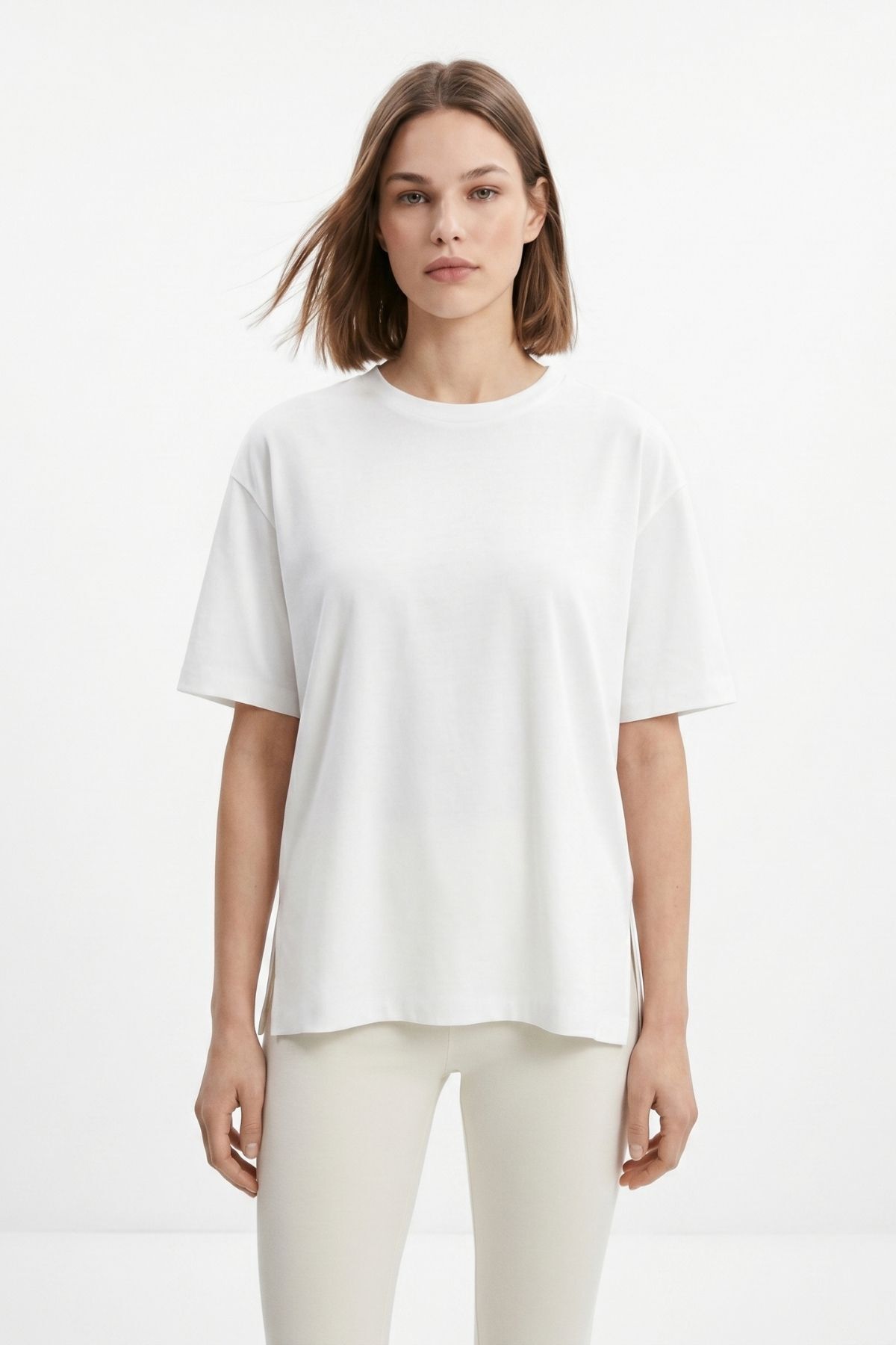 Ekru Bisiklet Yaka Salaş Tişört 0474 - 2