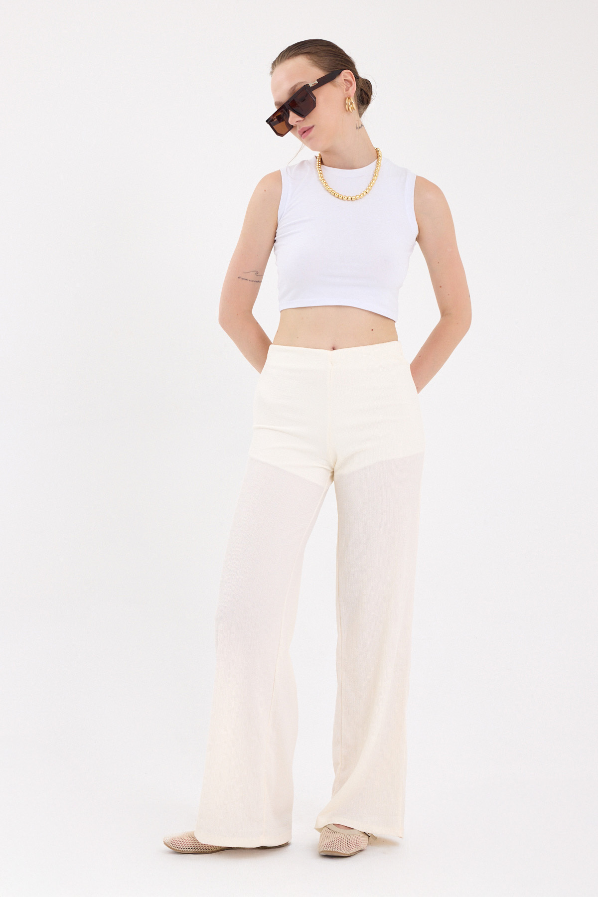 Ekru Bol Paça Bel Lastikli Bürümcük Kumaş Pantolon 2466 - RAYS