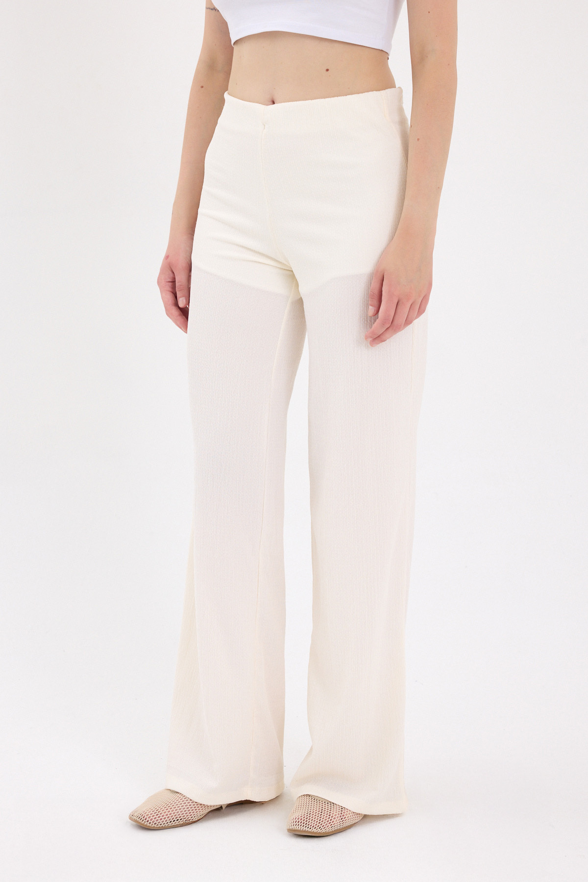 Ekru Bol Paça Bel Lastikli Bürümcük Kumaş Pantolon 2466 - 3