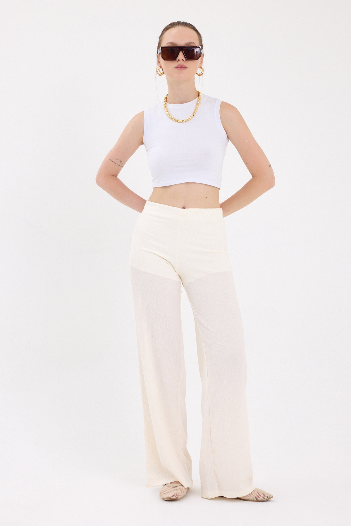 Ekru Bol Paça Bel Lastikli Bürümcük Kumaş Pantolon 2466 - 4