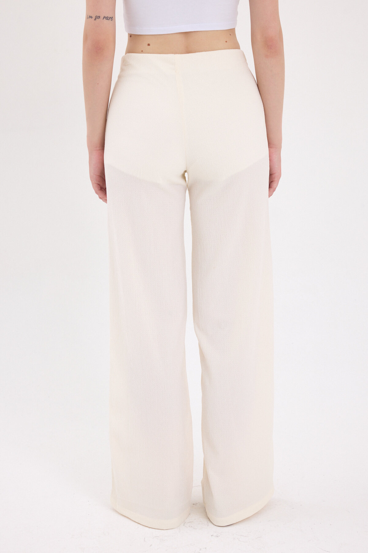 Ekru Bol Paça Bel Lastikli Bürümcük Kumaş Pantolon 2466 - 5