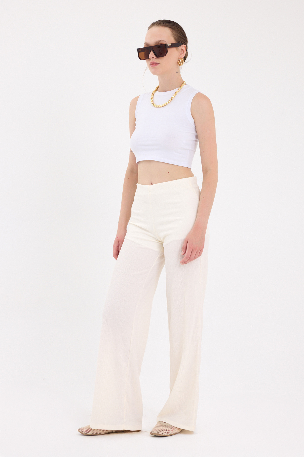 Ekru Bol Paça Bel Lastikli Bürümcük Kumaş Pantolon 2466 - 2
