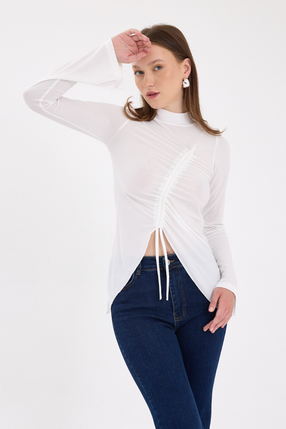 Ekru Büzgü Detaylı Balıkçı Yaka Bluz 2458 - RAYS