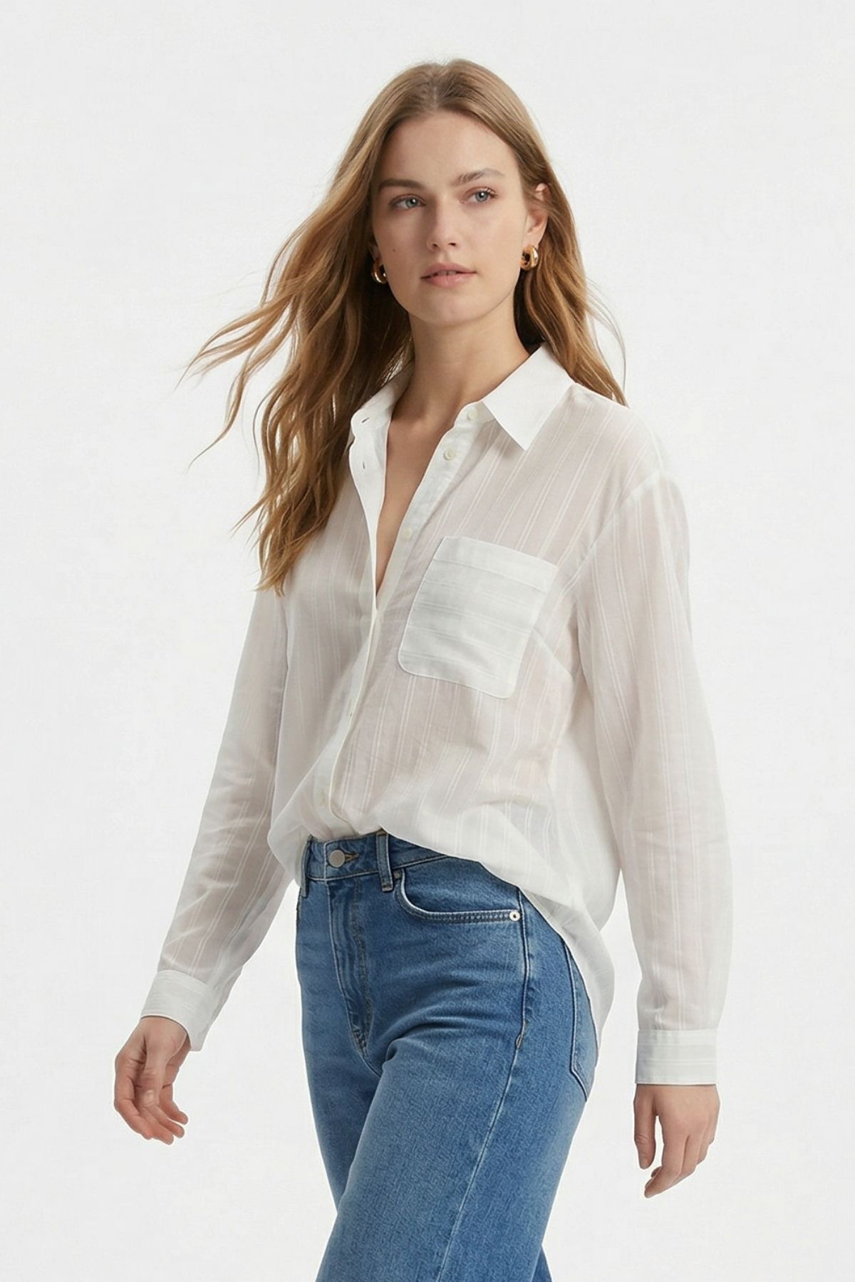 Ekru Cepli Çizgili Oversize Gömlek 5449 - 1