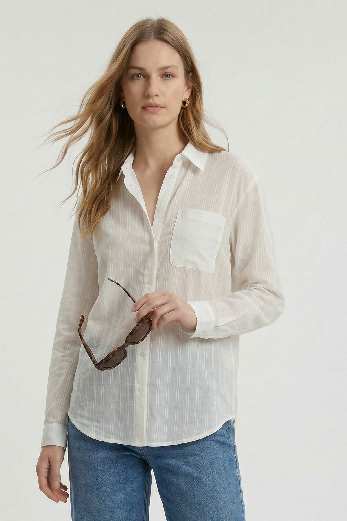 Ekru Cepli Çizgili Oversize Gömlek 5449 - 2