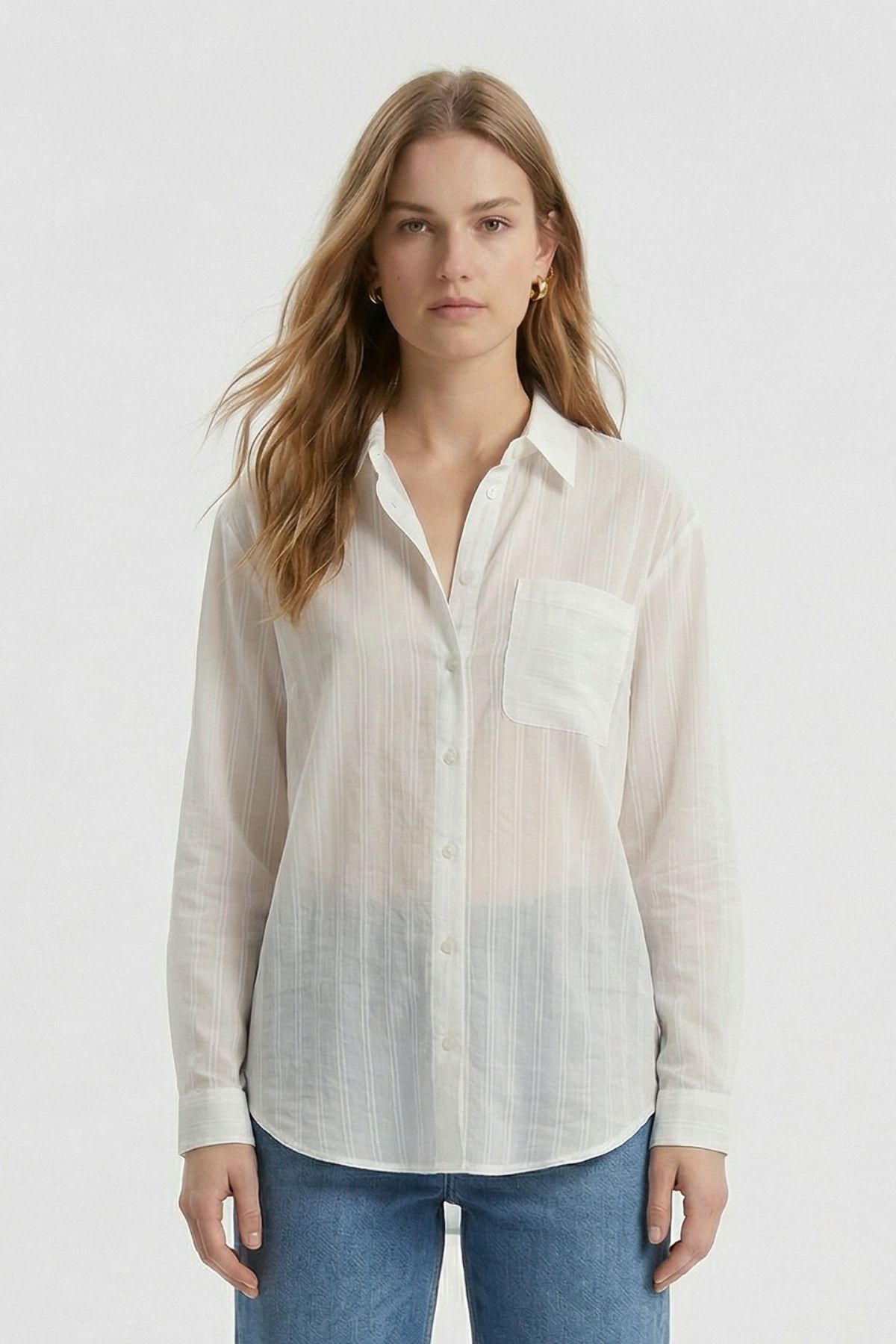 Ekru Cepli Çizgili Oversize Gömlek 5449 - 3