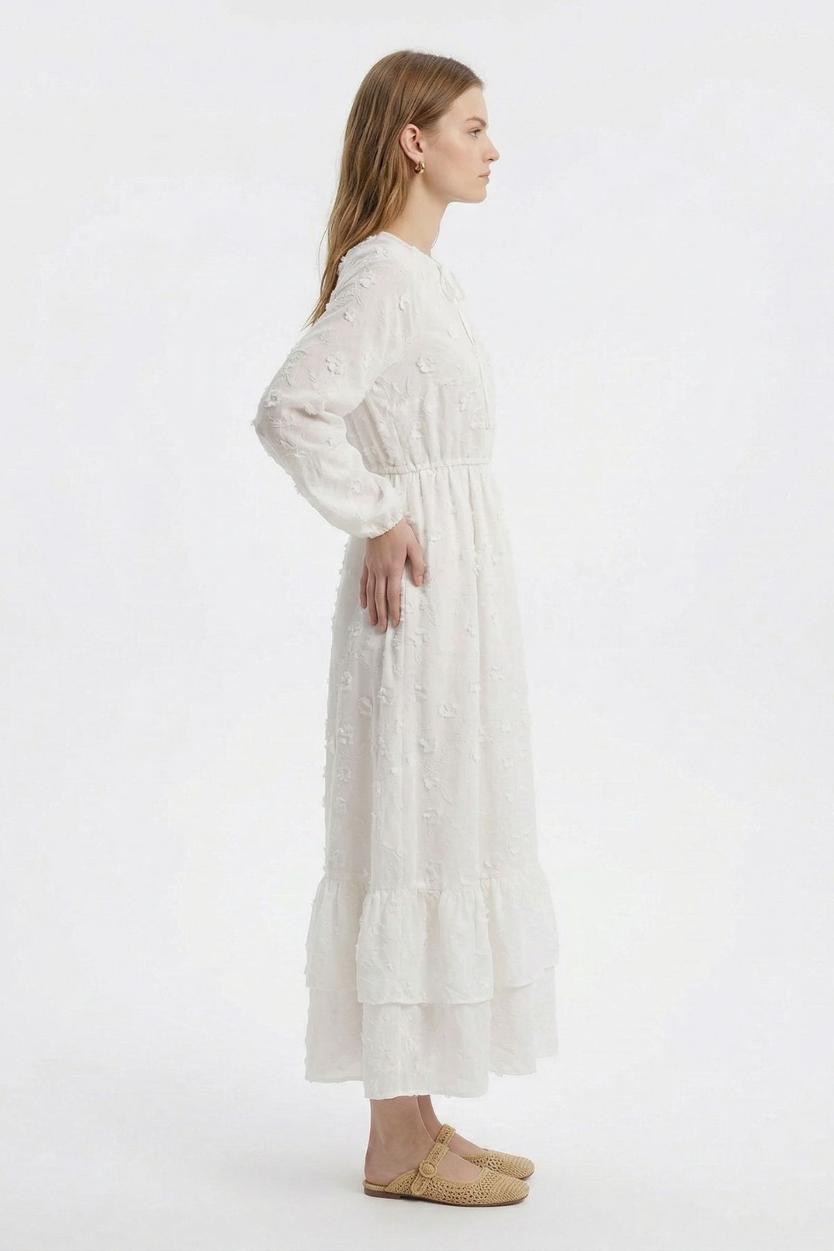 Ekru Çiçek Nakışlı Bağcıklı Elbise 2377 - 3