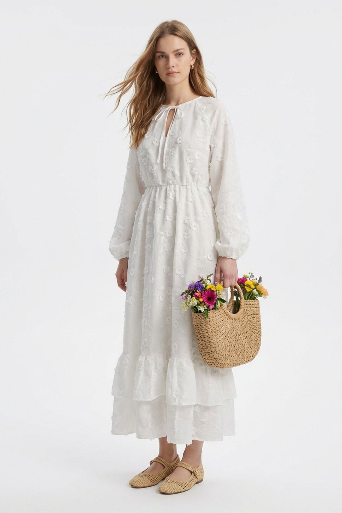 Ekru Çiçek Nakışlı Bağcıklı Elbise 2377 - RAYS