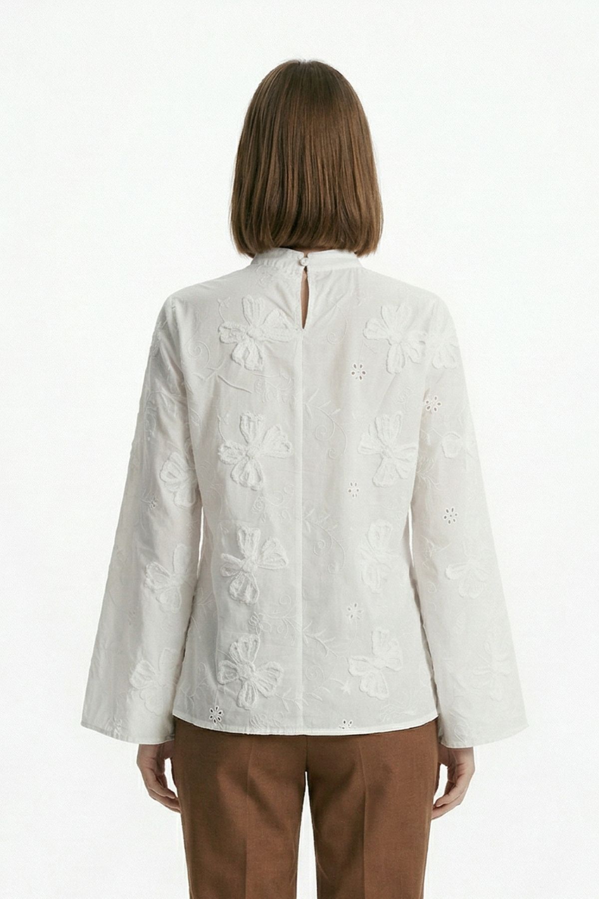 Ekru Çiçek Nakışlı Bel Bağlamalı Bluz 5486 - 3