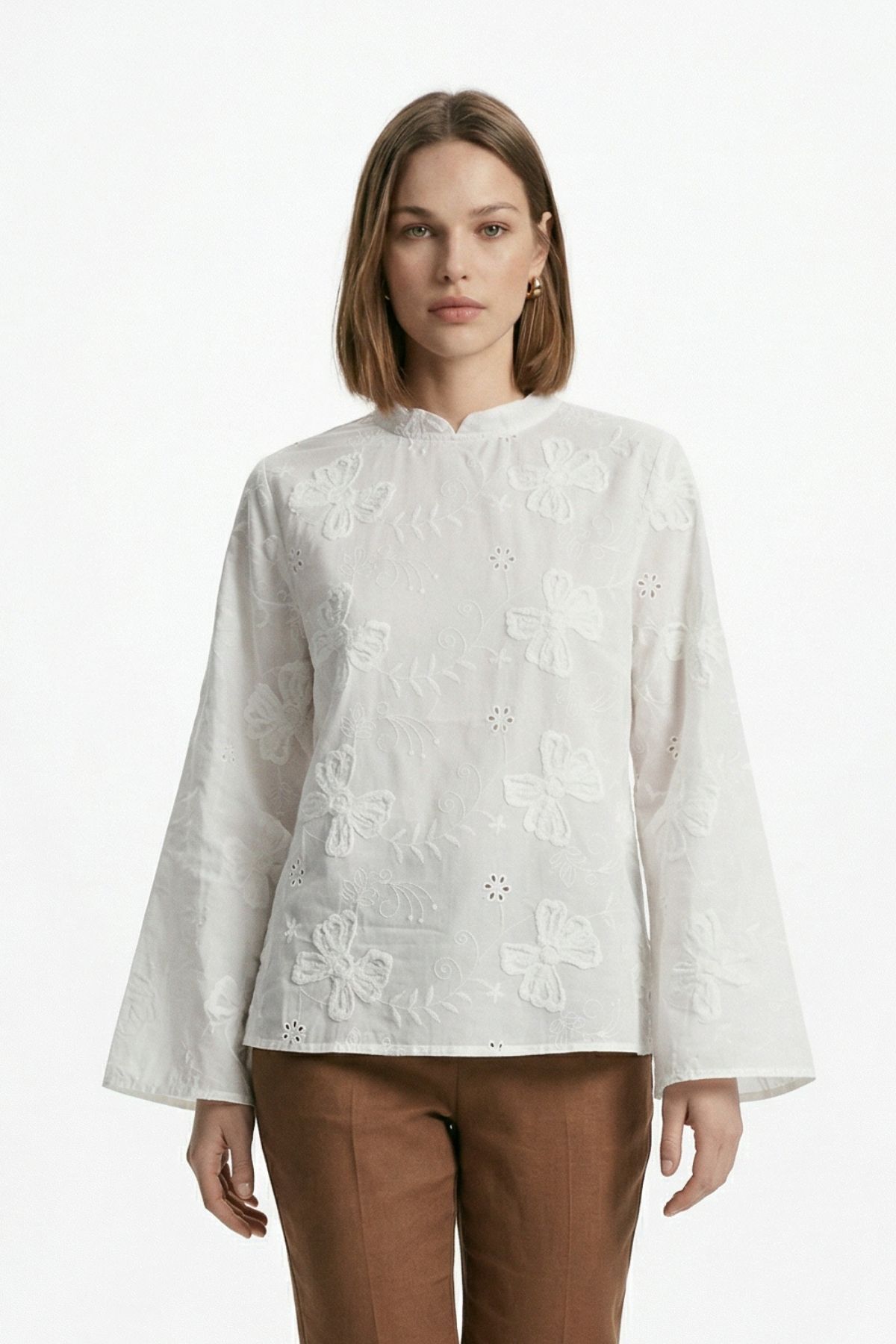 Ekru Çiçek Nakışlı Bel Bağlamalı Bluz 5486 - RAYS