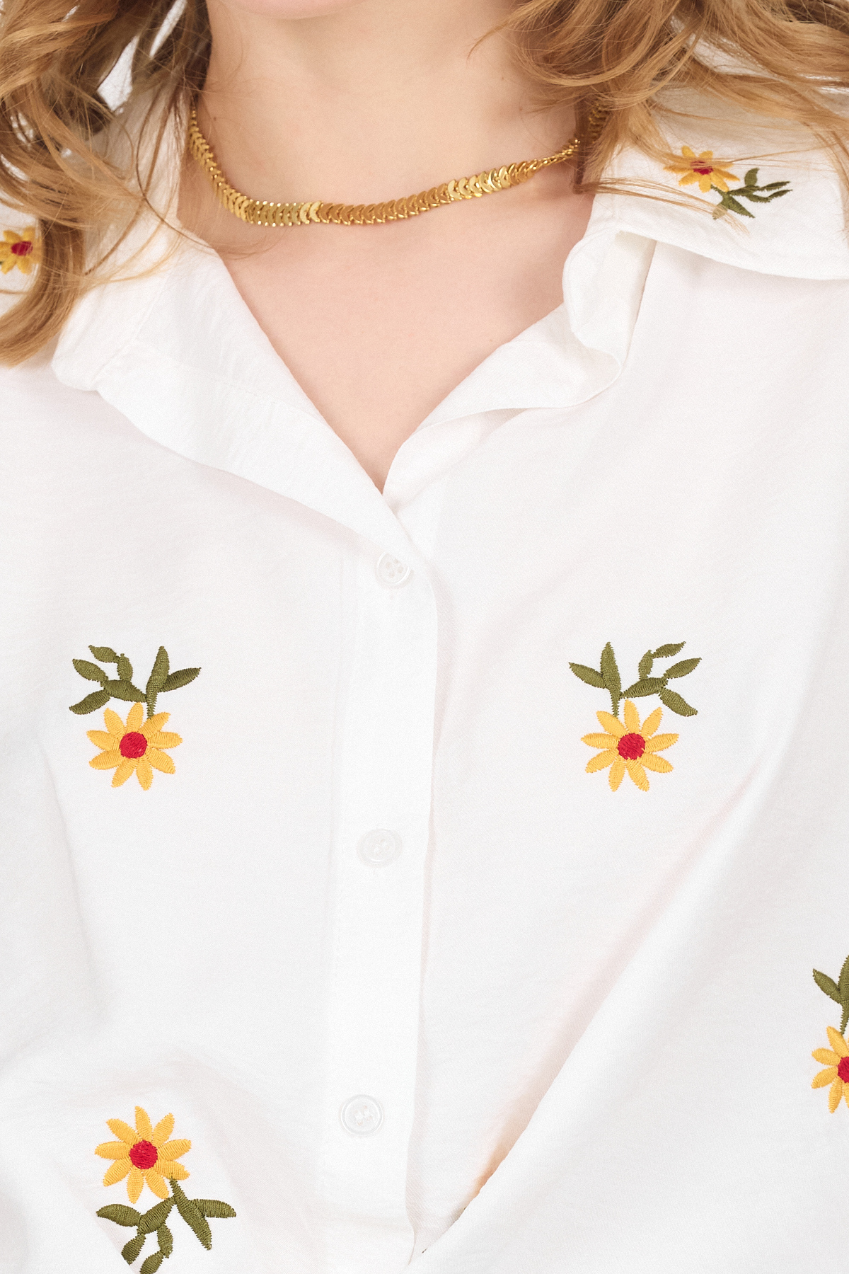 Ekru Çiçek Nakışlı Ön Bağlamalı Gömlek Bluz 6949 - RAYS