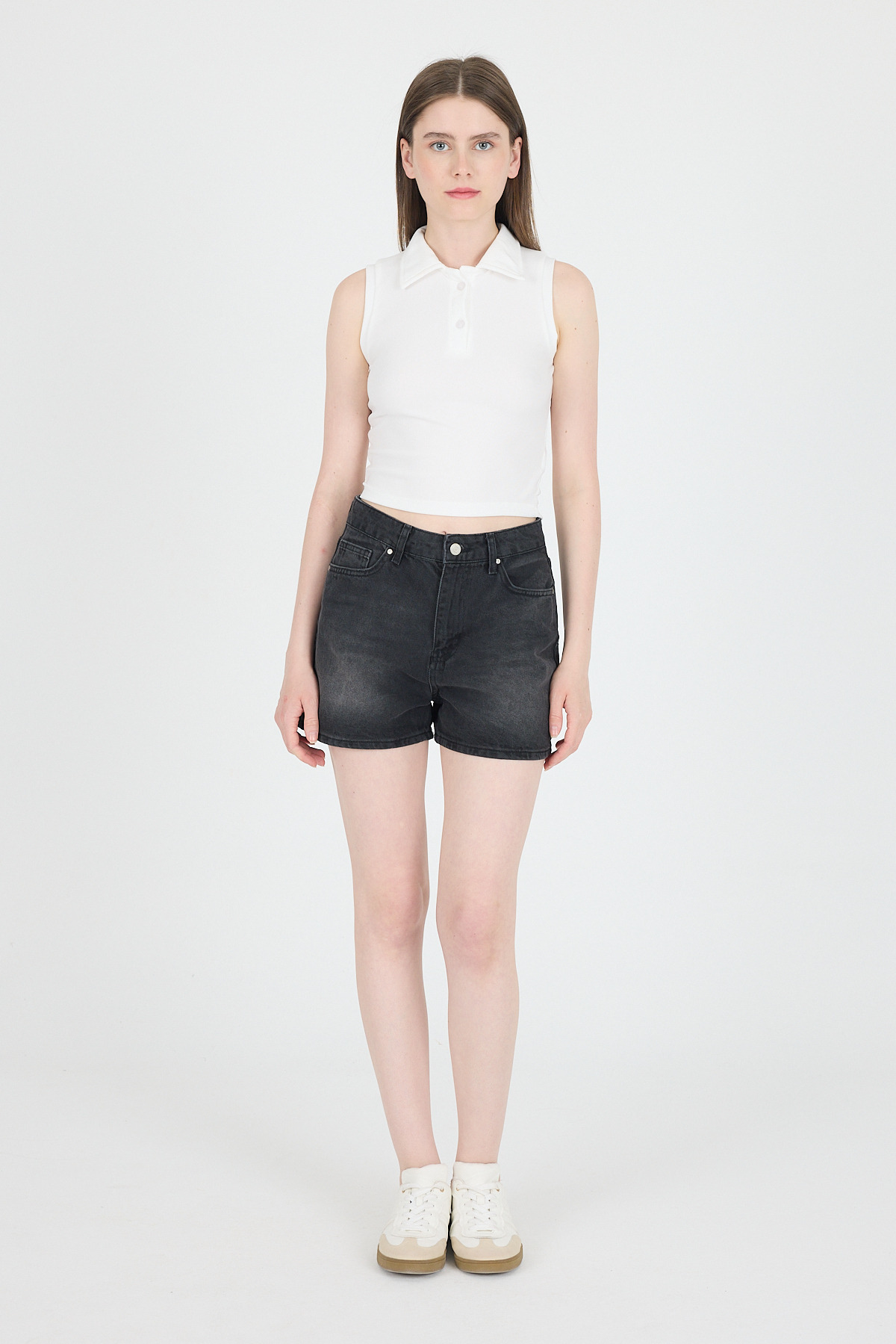 Ekru Düğmeli Polo Yaka Sıfır Kol Örme Bluz 2219 - RAYS