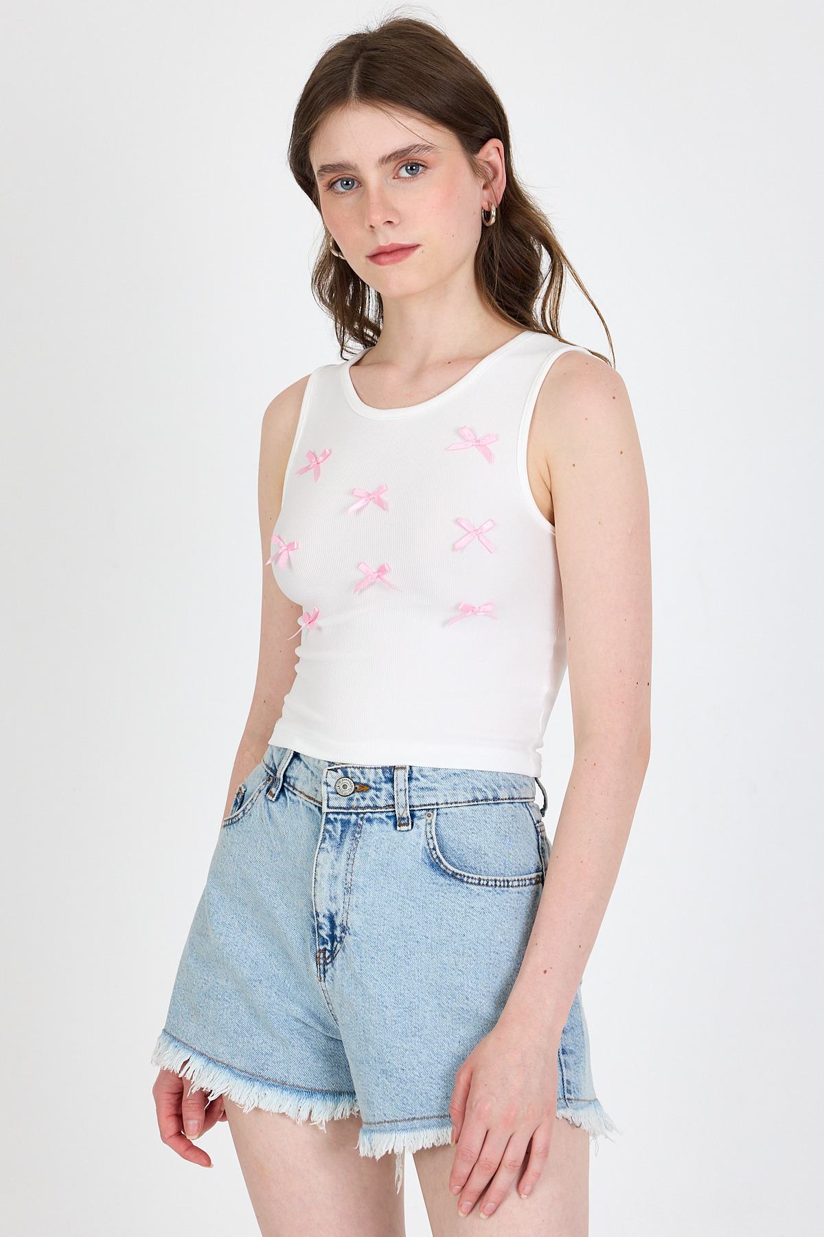 Ekru Fiyonk İşlemeli Crop Örme Atlet 0849 - 1