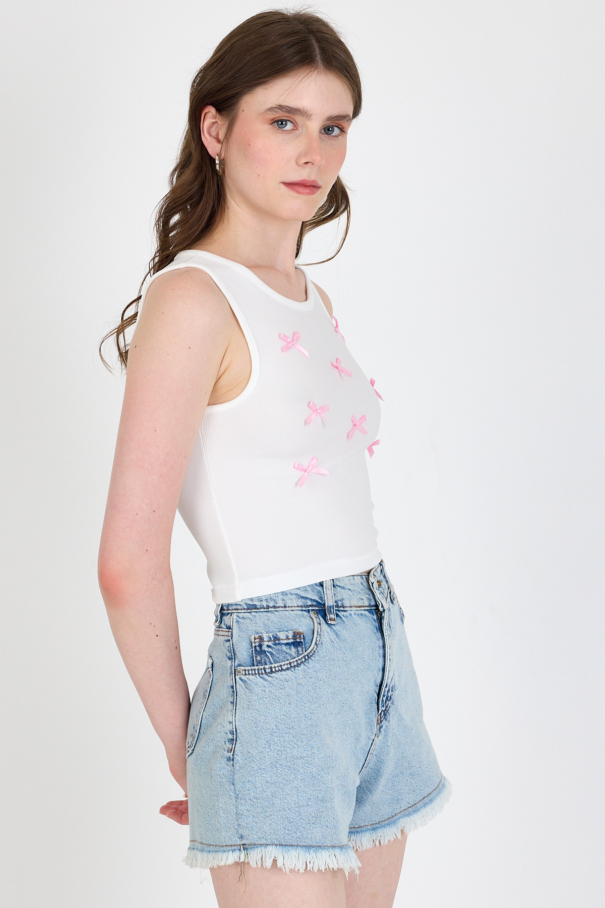 Ekru Fiyonk İşlemeli Crop Örme Atlet 0849 - RAYS