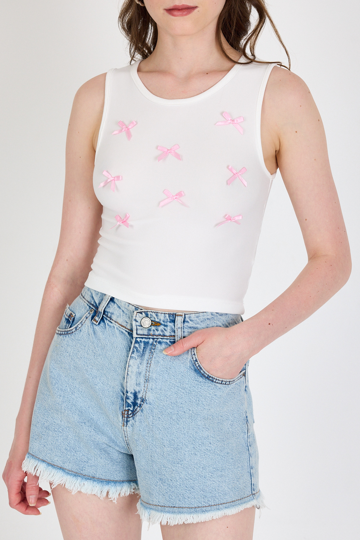 Ekru Fiyonk İşlemeli Crop Örme Atlet 0849 - 6