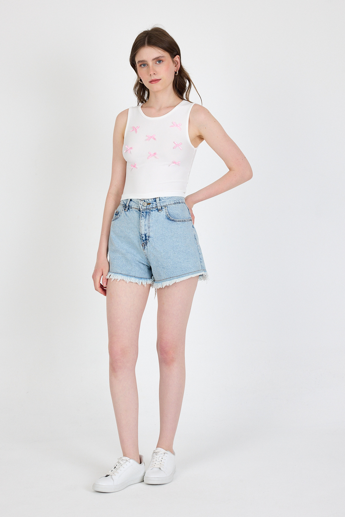 Ekru Fiyonk İşlemeli Crop Örme Atlet 0849 - 3