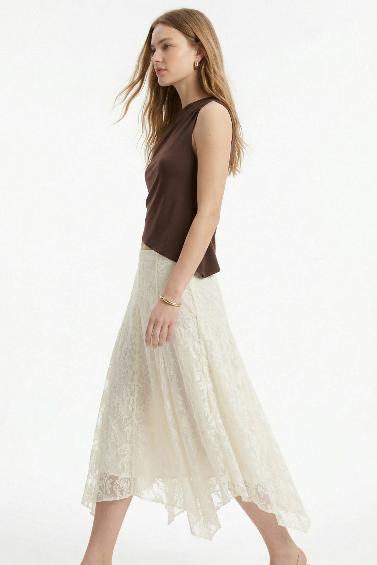 Ekru Flok Desen Etek 8455A - 1