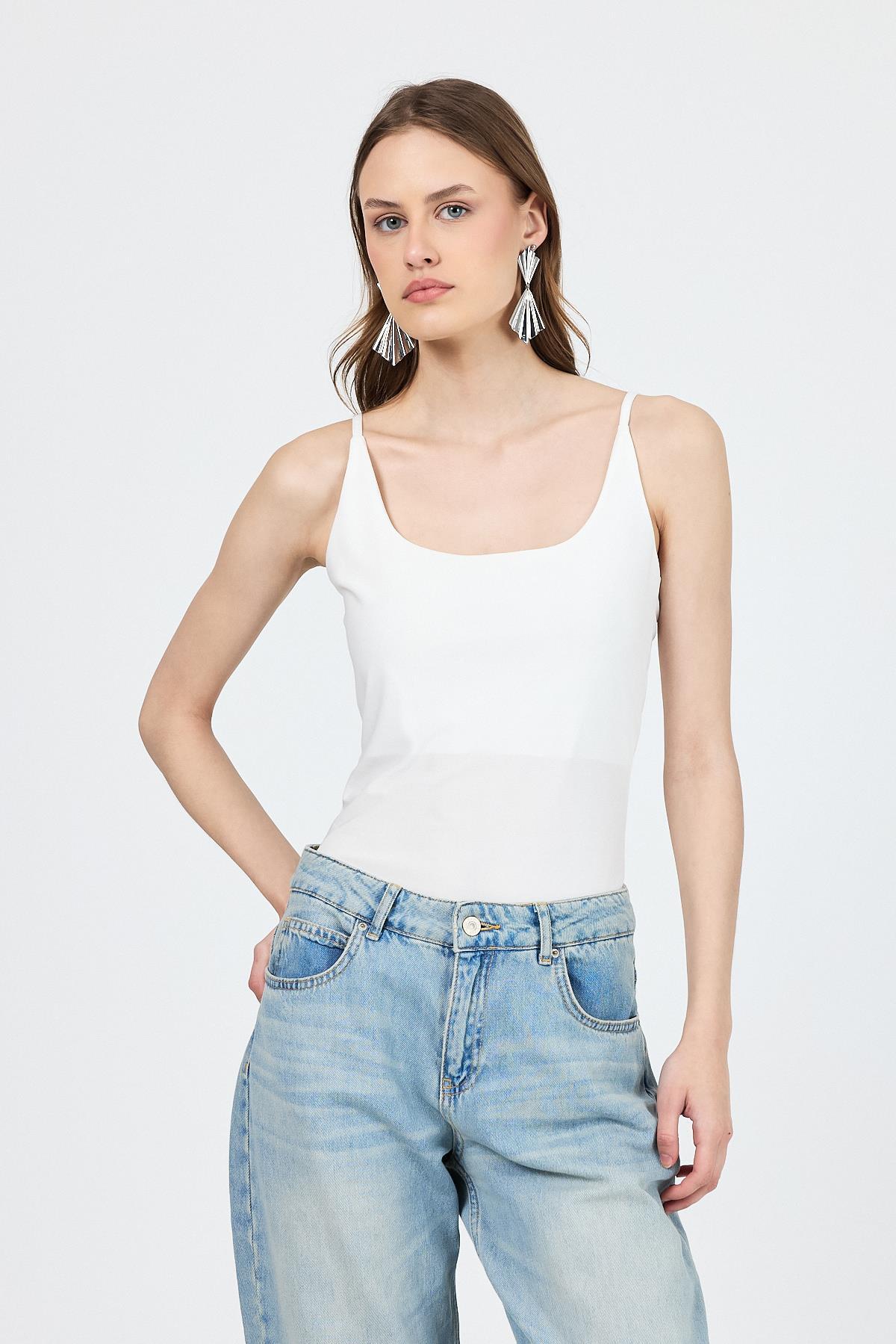 Ekru İnce Askılı Çıtçıtlı BodySuit 13255 - 1