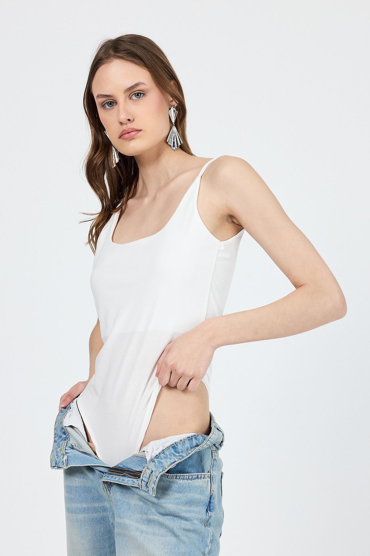 Ekru İnce Askılı Çıtçıtlı BodySuit 13255 - RAYS