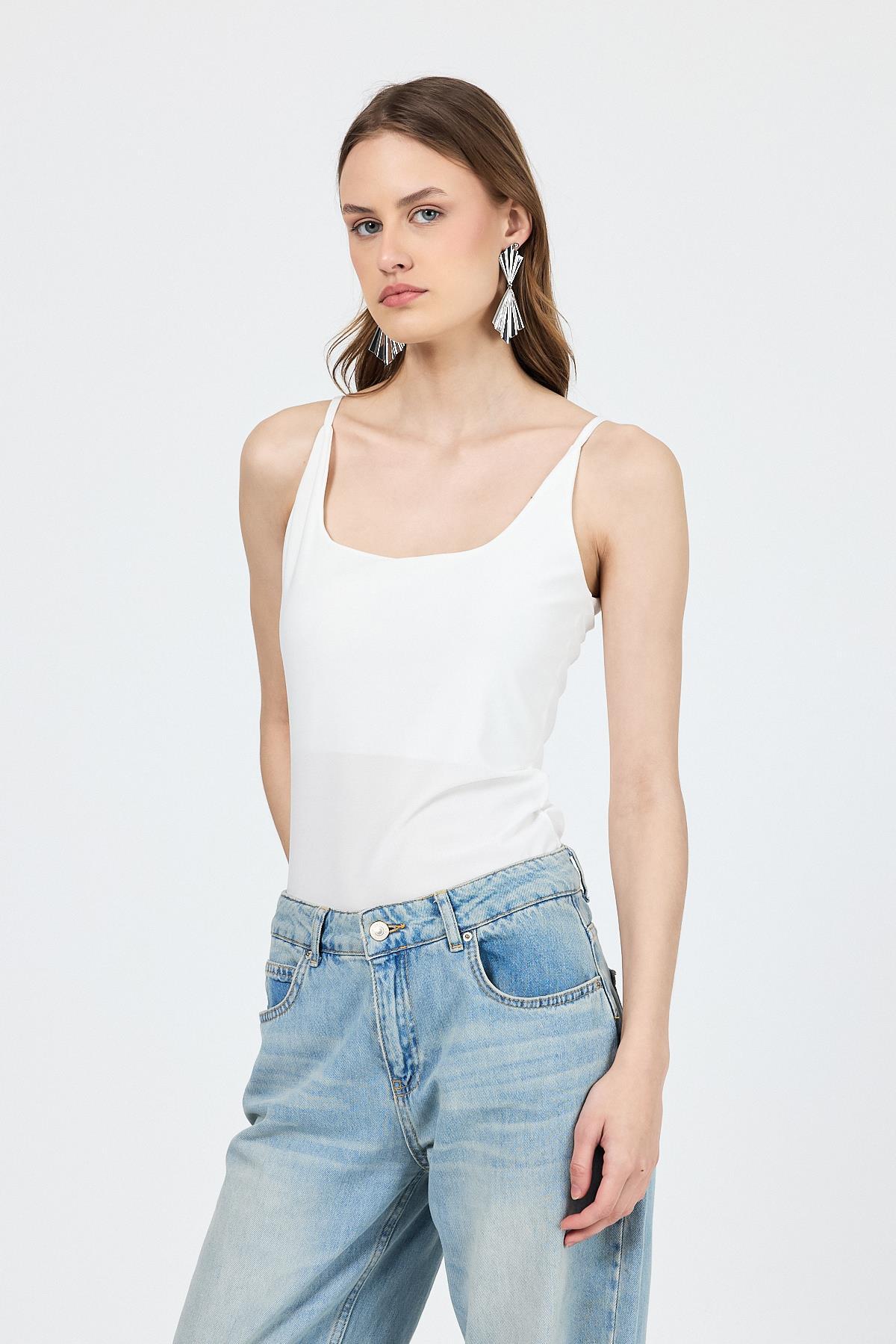 Ekru İnce Askılı Çıtçıtlı BodySuit 13255 - 6