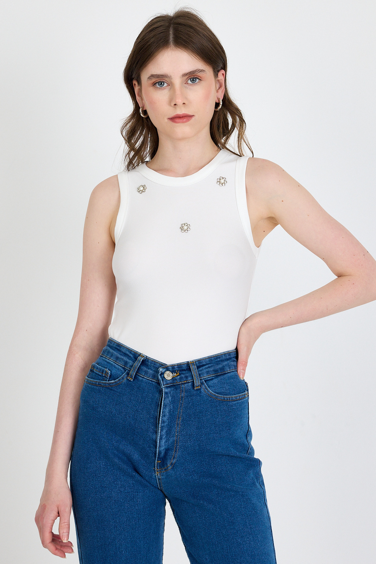 Ekru İnci Taş Detaylı Halter Yaka Ribanalı Atlet 0649 - RAYS