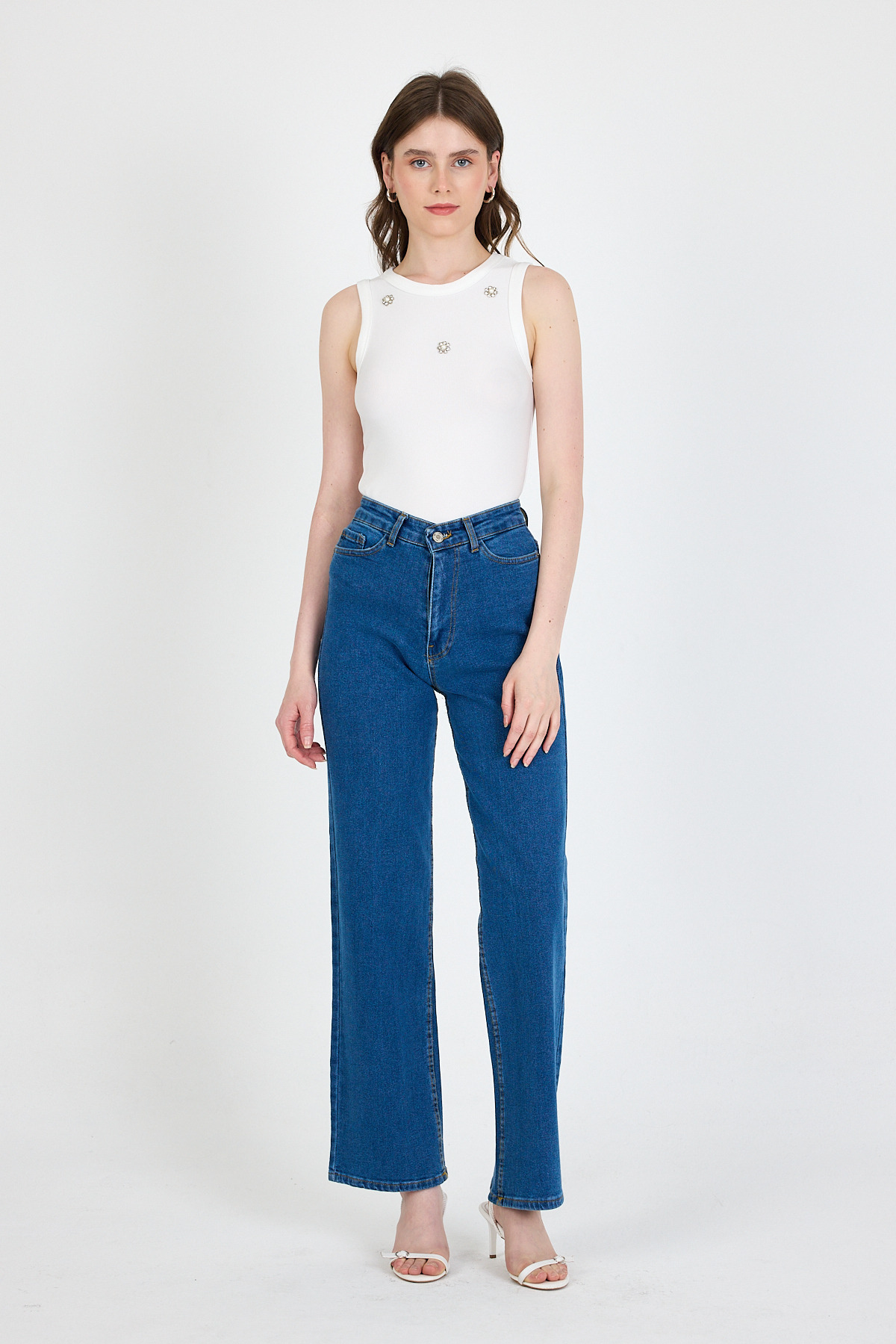 Ekru İnci Taş Detaylı Halter Yaka Ribanalı Atlet 0649 - 3