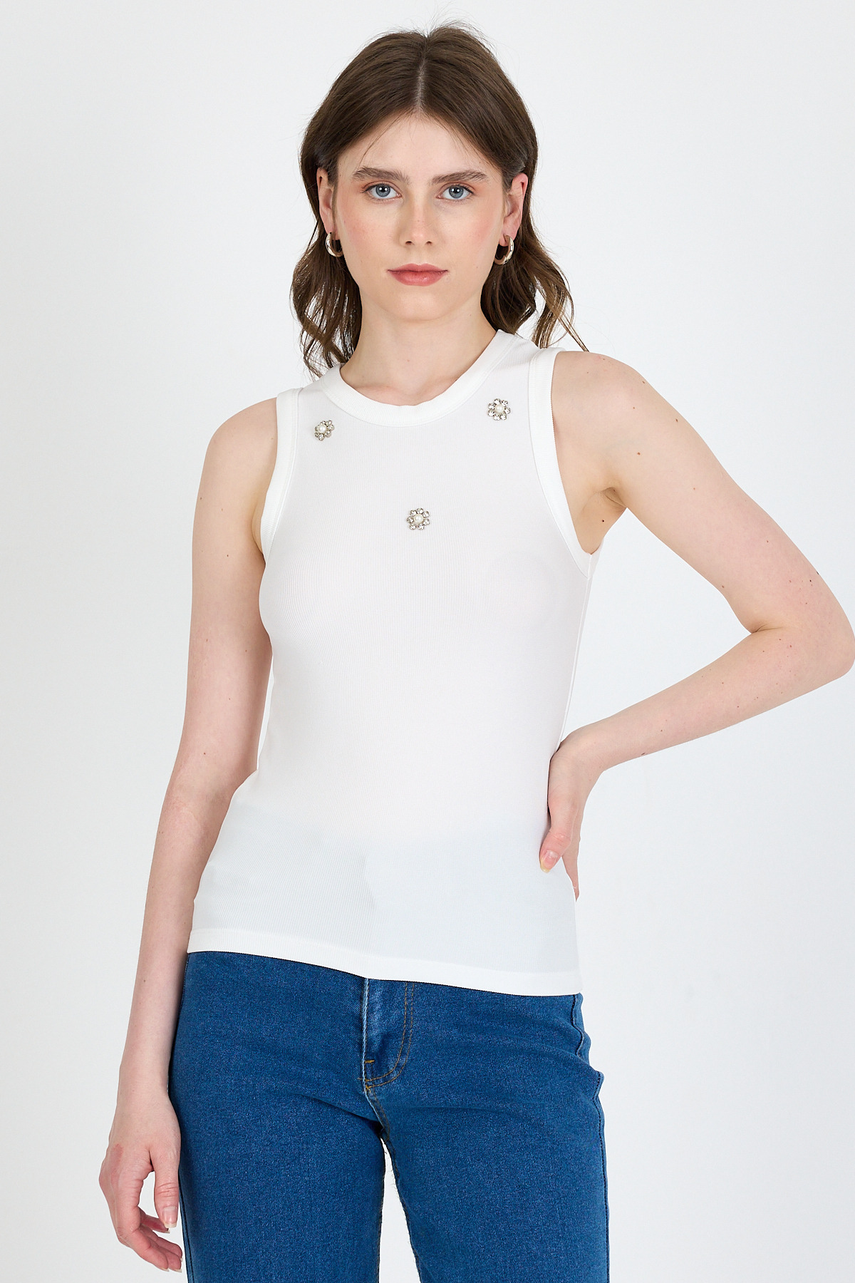 Ekru İnci Taş Detaylı Halter Yaka Ribanalı Atlet 0649 - 2