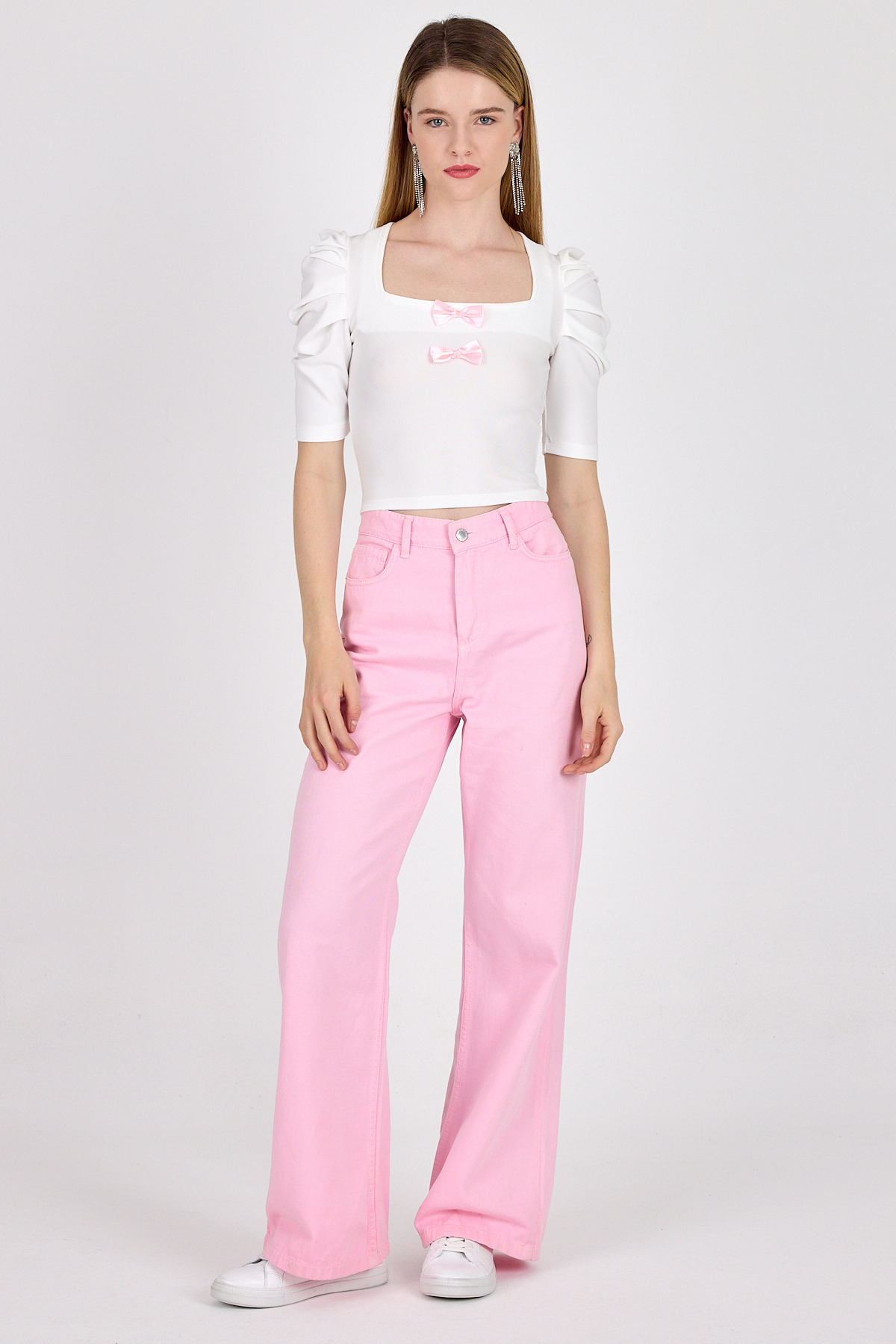 Ekru Kare Yaka Fiyonk DetaylI Crop Bluz 1349 - 3