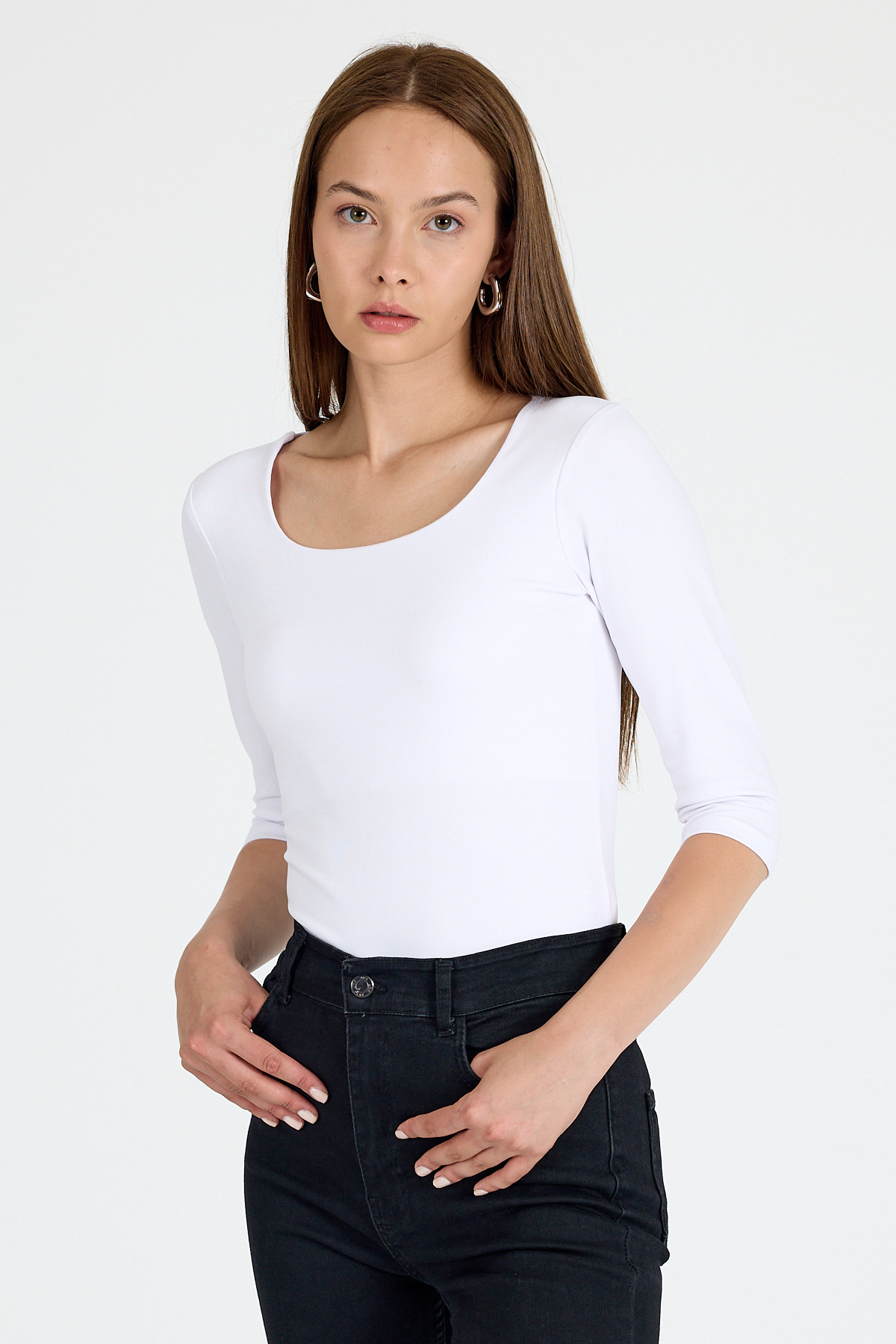Ekru Kare Yaka Örme Body 9193M 