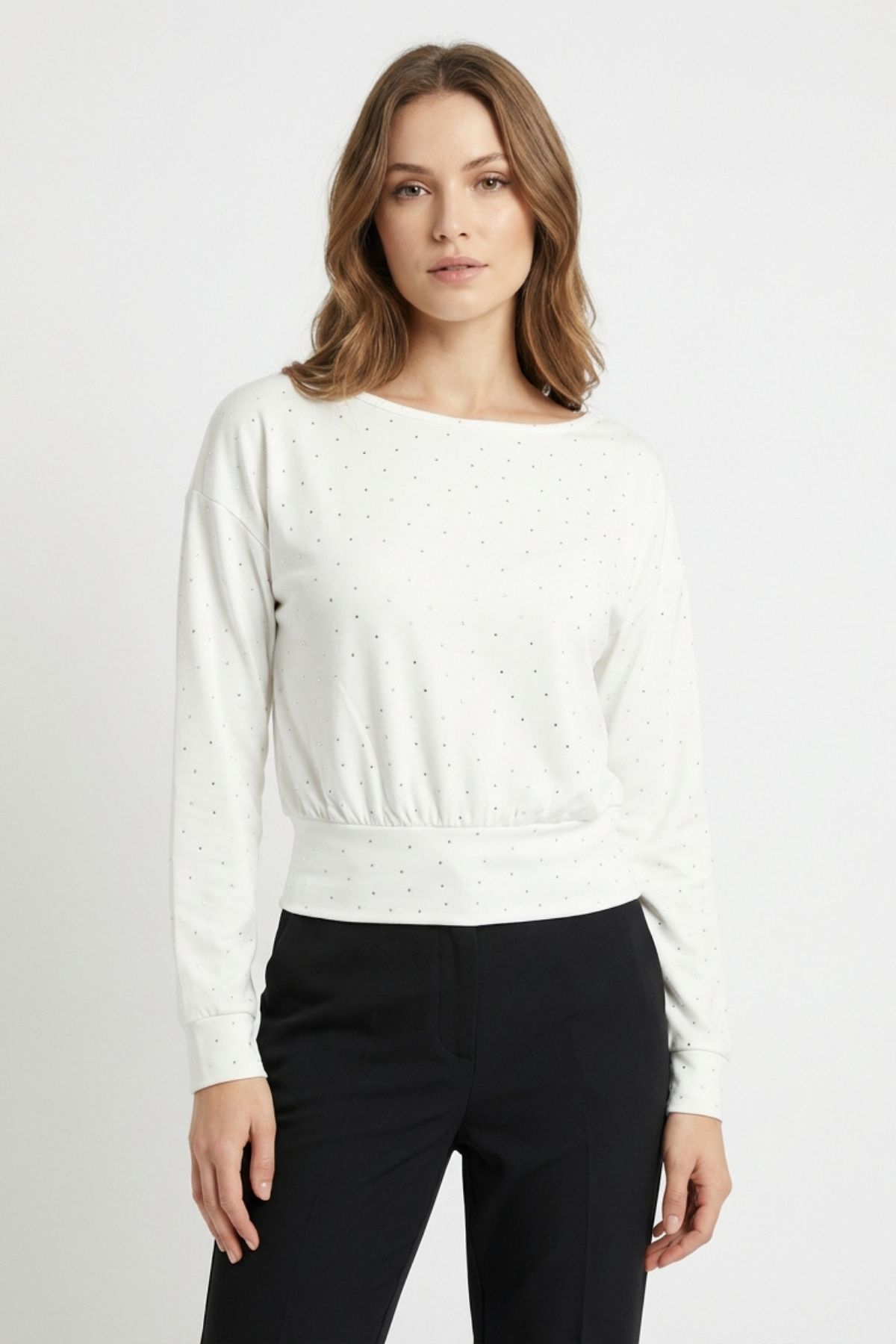 Ekru Kayık Yaka Taş Detaylı Bluz 8364 - RAYS