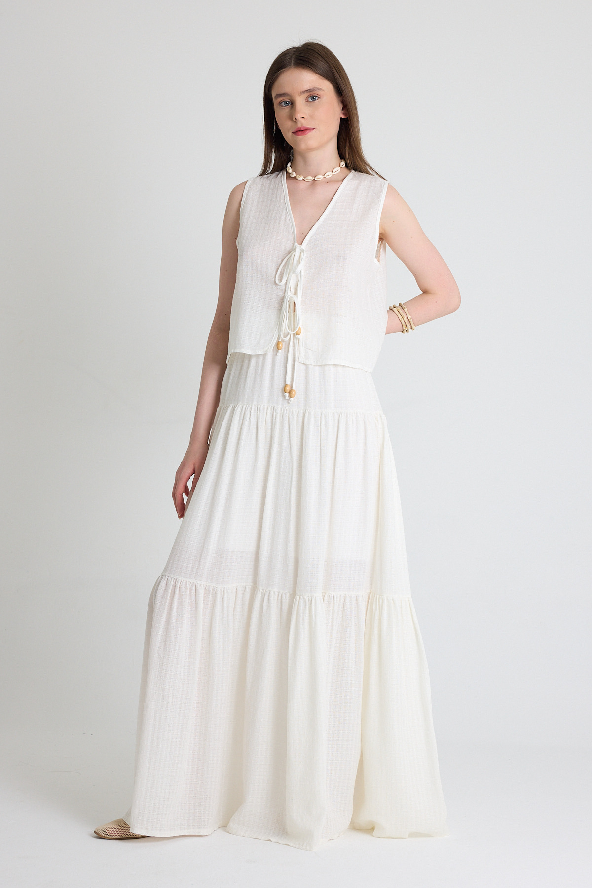 Ekru Keten Görünümlü %100 Pamuk Yelek Etek İkili Takım 5251 - 1