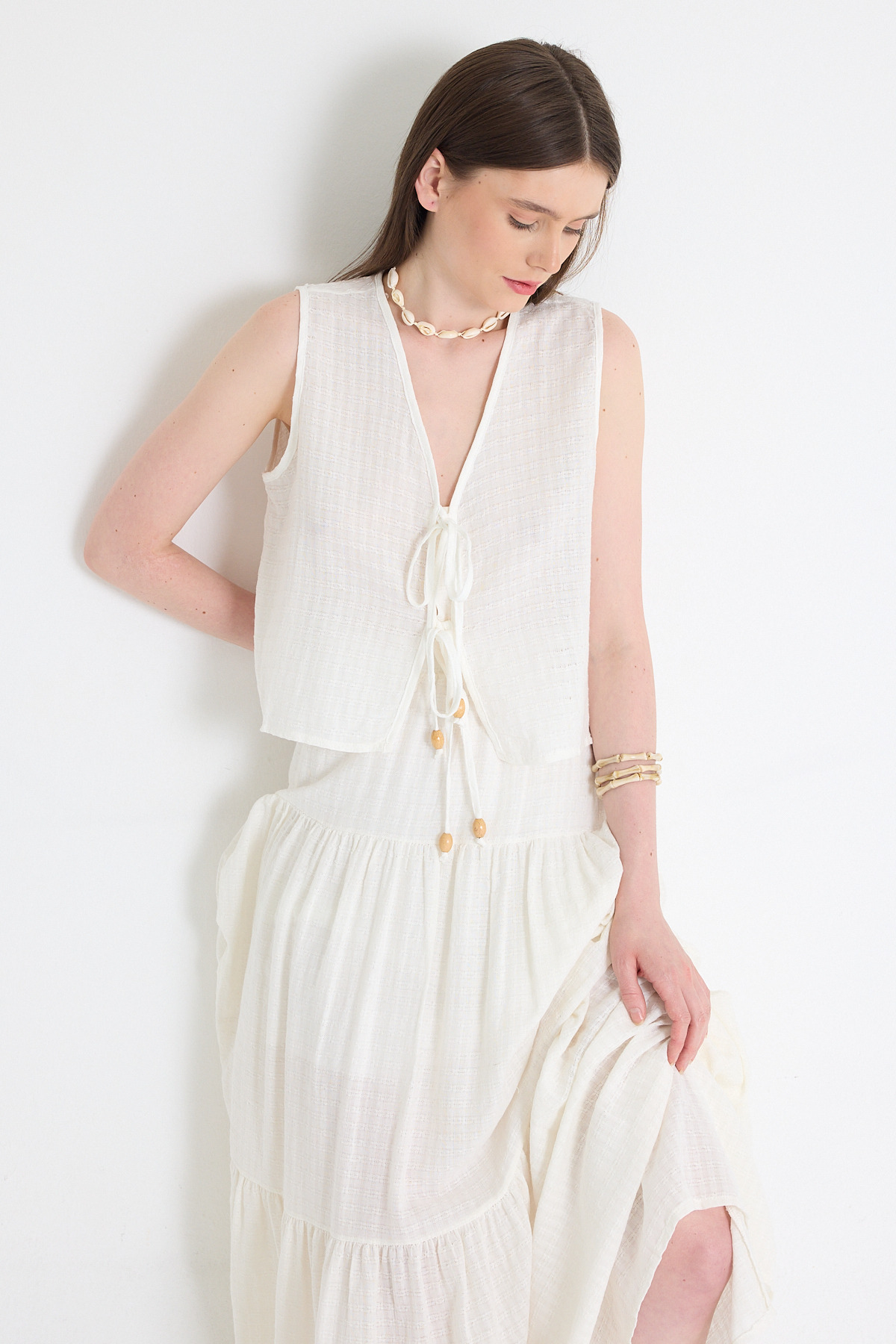 Ekru Keten Görünümlü %100 Pamuk Yelek Etek İkili Takım 5251 - 2