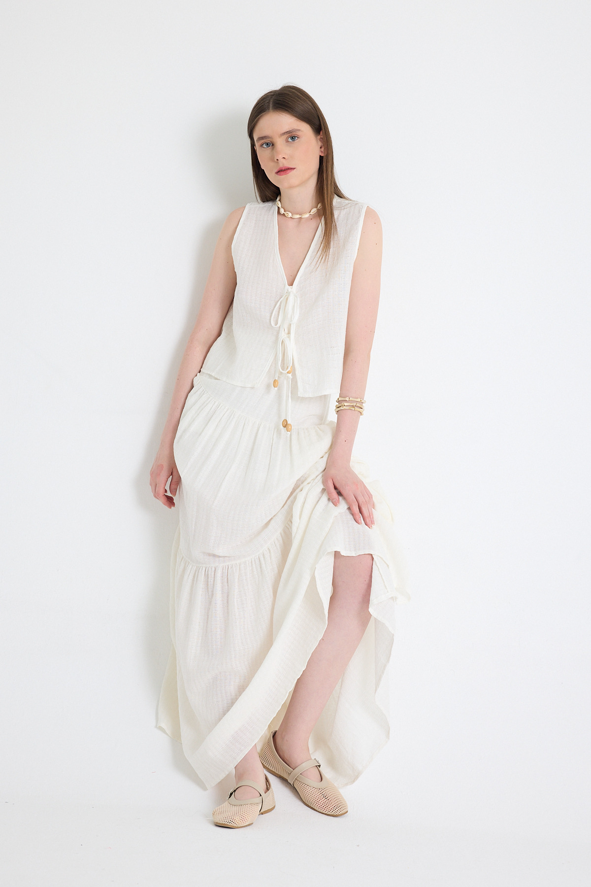 Ekru Keten Görünümlü %100 Pamuk Yelek Etek İkili Takım 5251 - 3