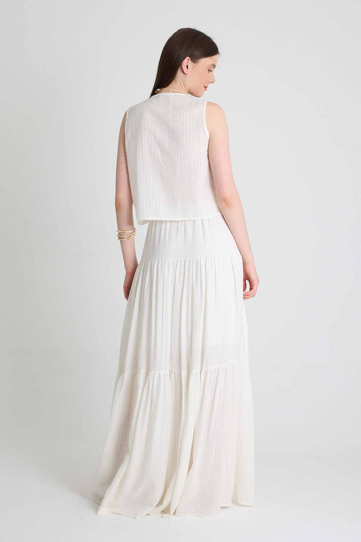 Ekru Keten Görünümlü %100 Pamuk Yelek Etek İkili Takım 5251 - 5