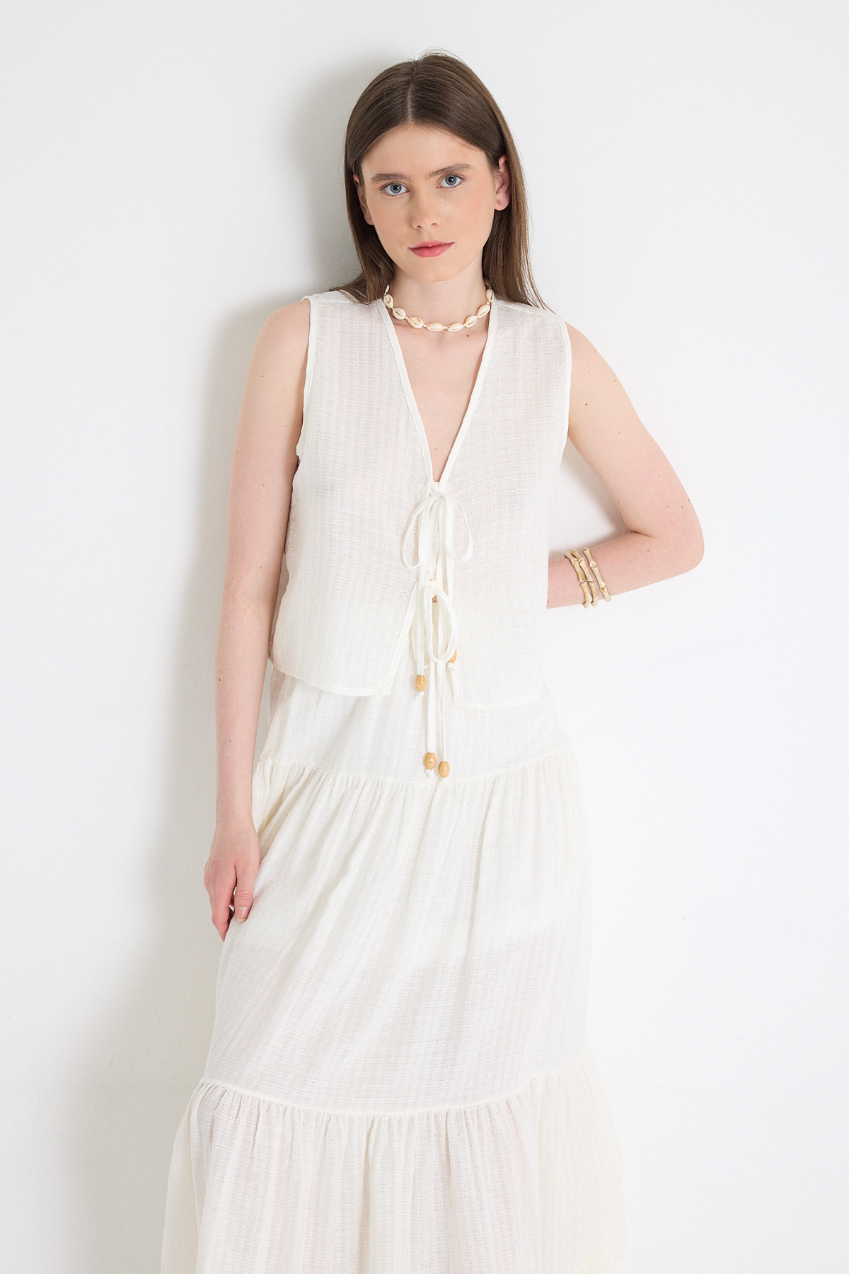 Ekru Keten Görünümlü %100 Pamuk Yelek Etek İkili Takım 5251 - 7