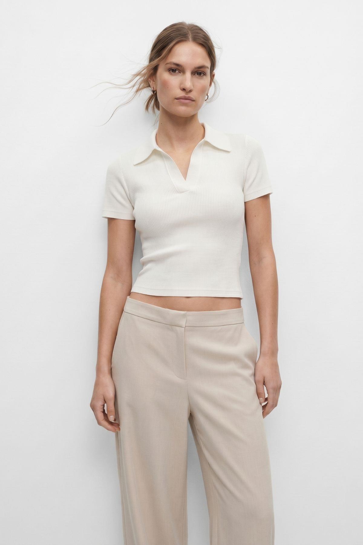 Polo Yaka Kısa Kol Crop Tişört 1024 Ekru - RAYS