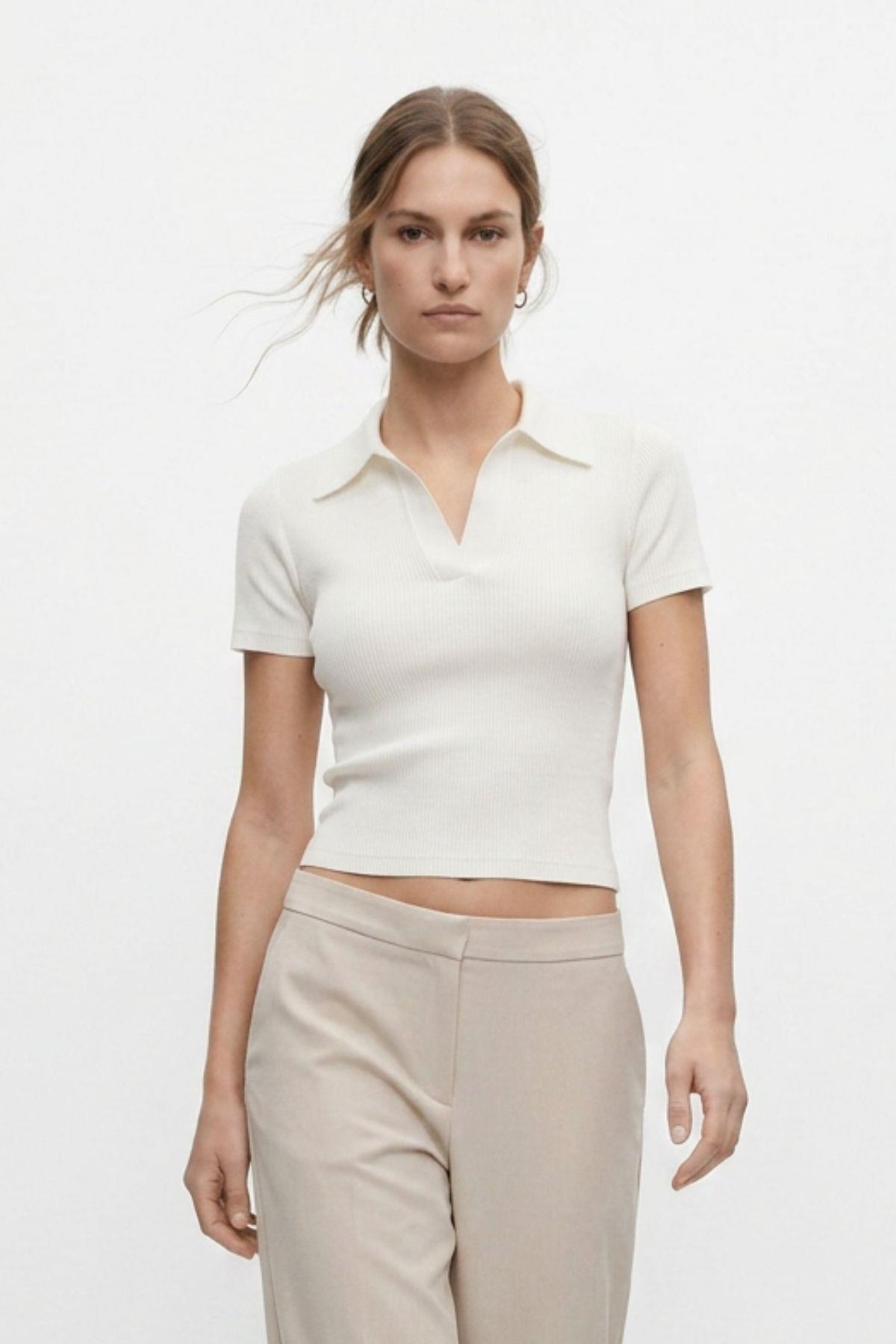 Polo Yaka Kısa Kol Crop Tişört 1024 Ekru - RAYS