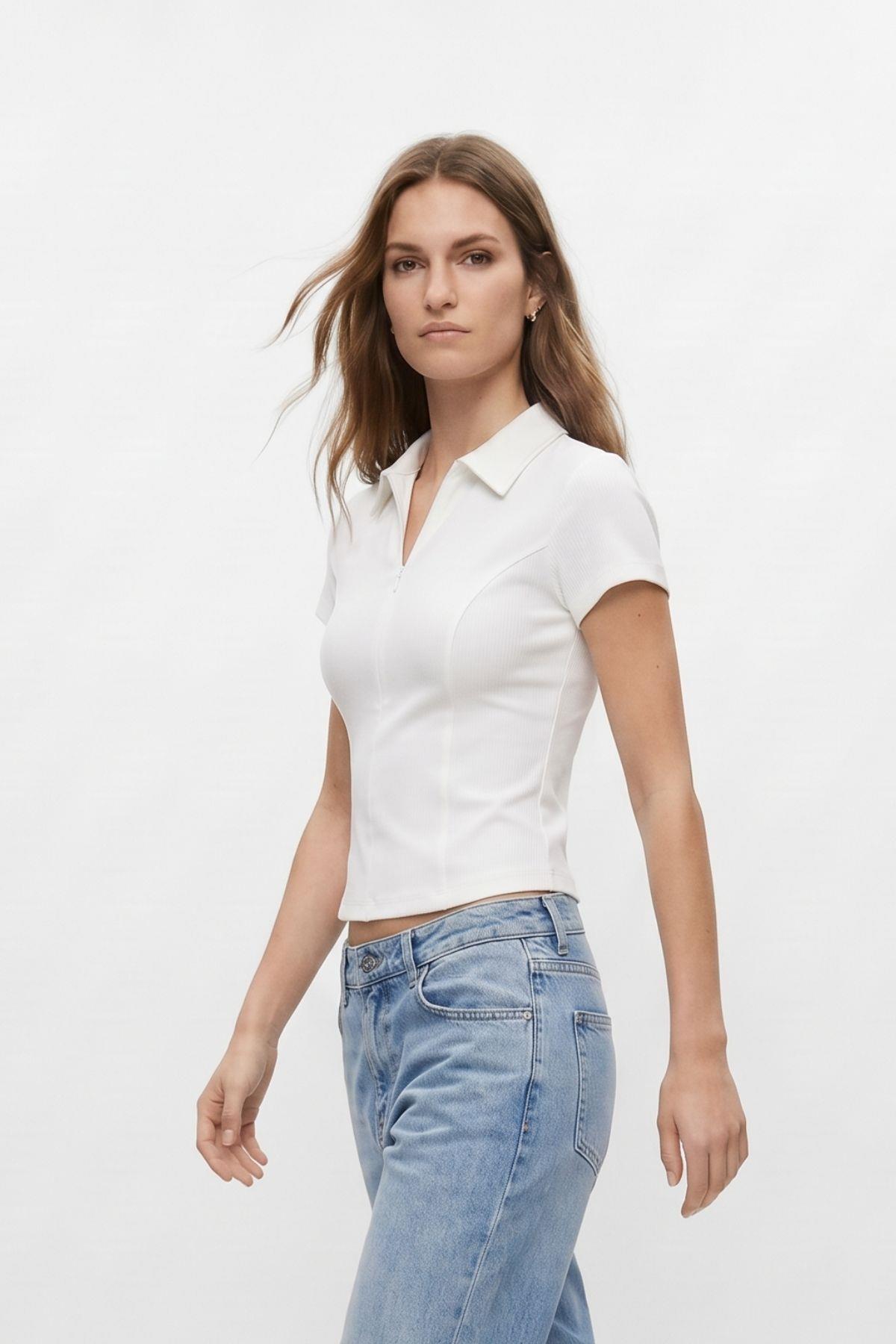 Polo Yaka Kısa Kol Crop Tişört 26651 Ekru - RAYS