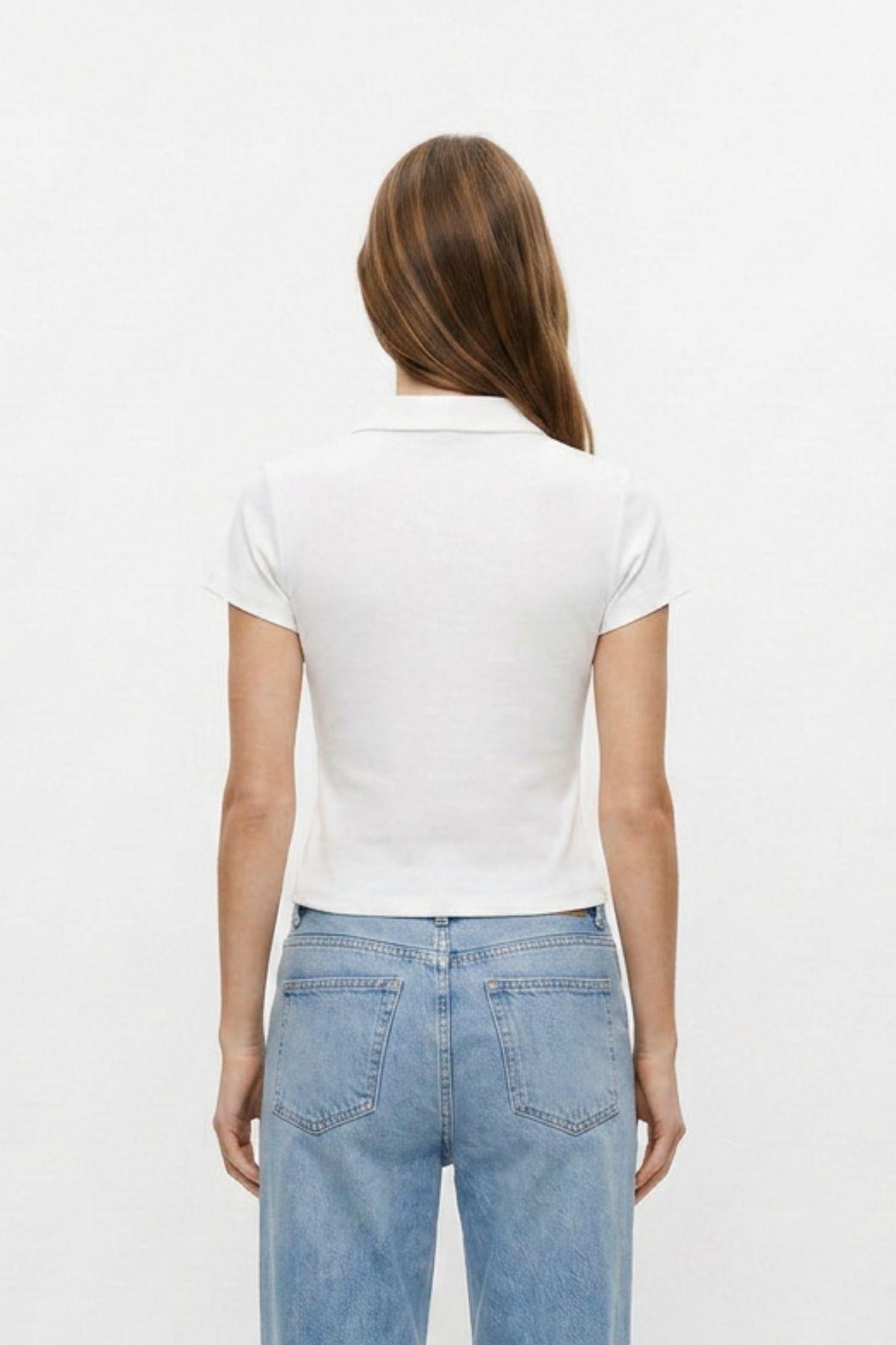 Polo Yaka Kısa Kol Crop Tişört 26651 Ekru - RAYS