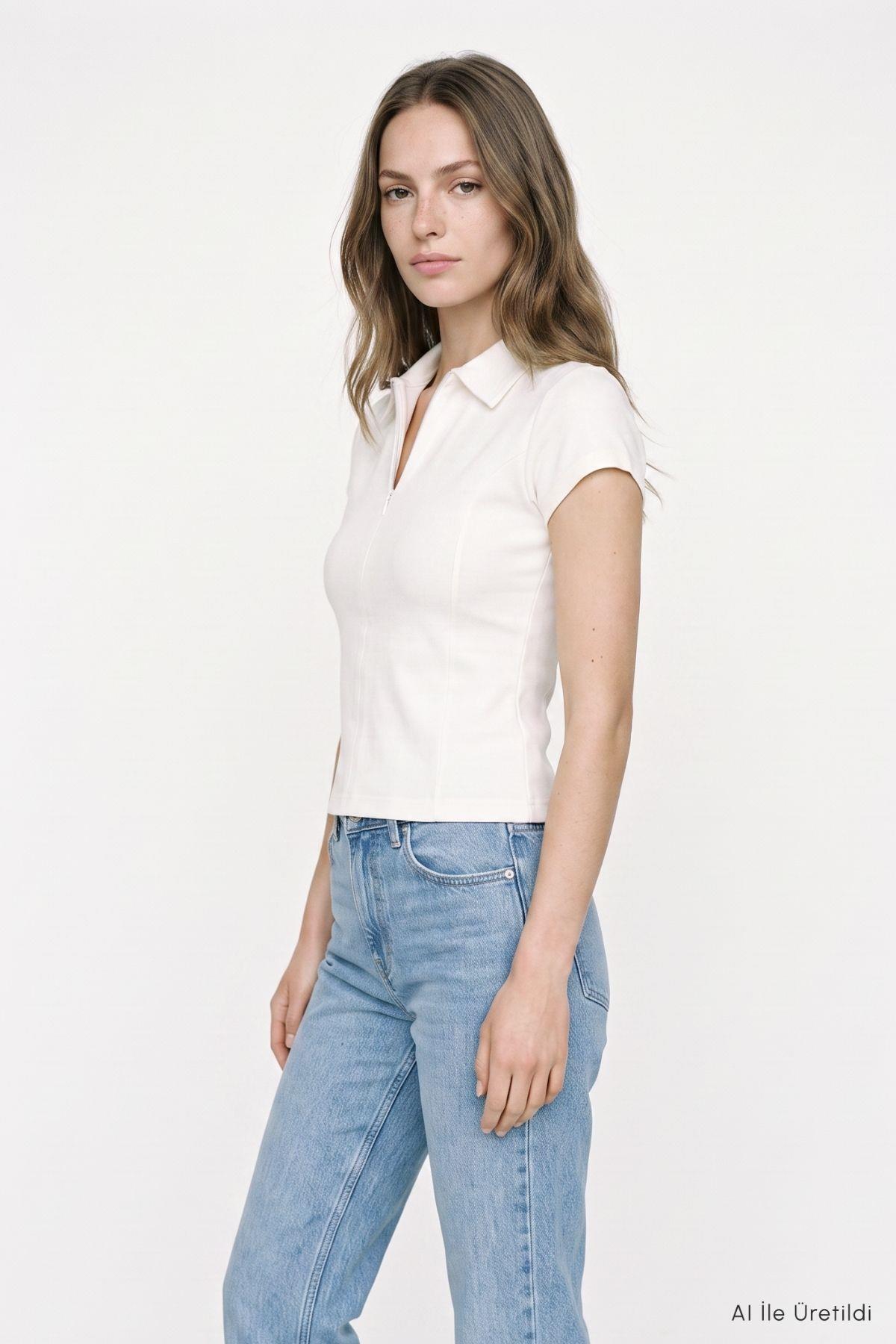 Polo Yaka Kısa Kol Crop Tişört 26651 Ekru - RAYS