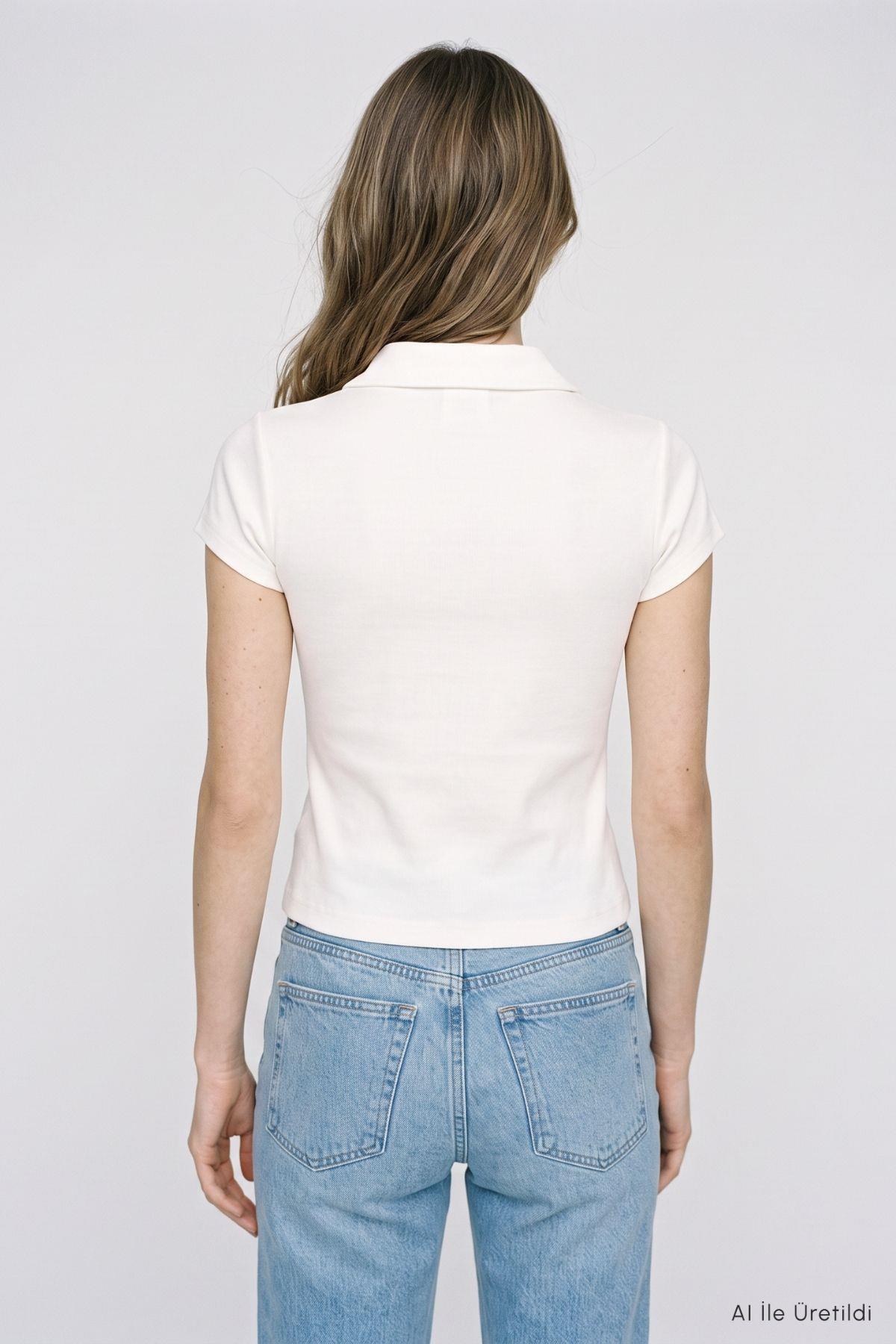 Polo Yaka Kısa Kol Crop Tişört 26651 Ekru - RAYS