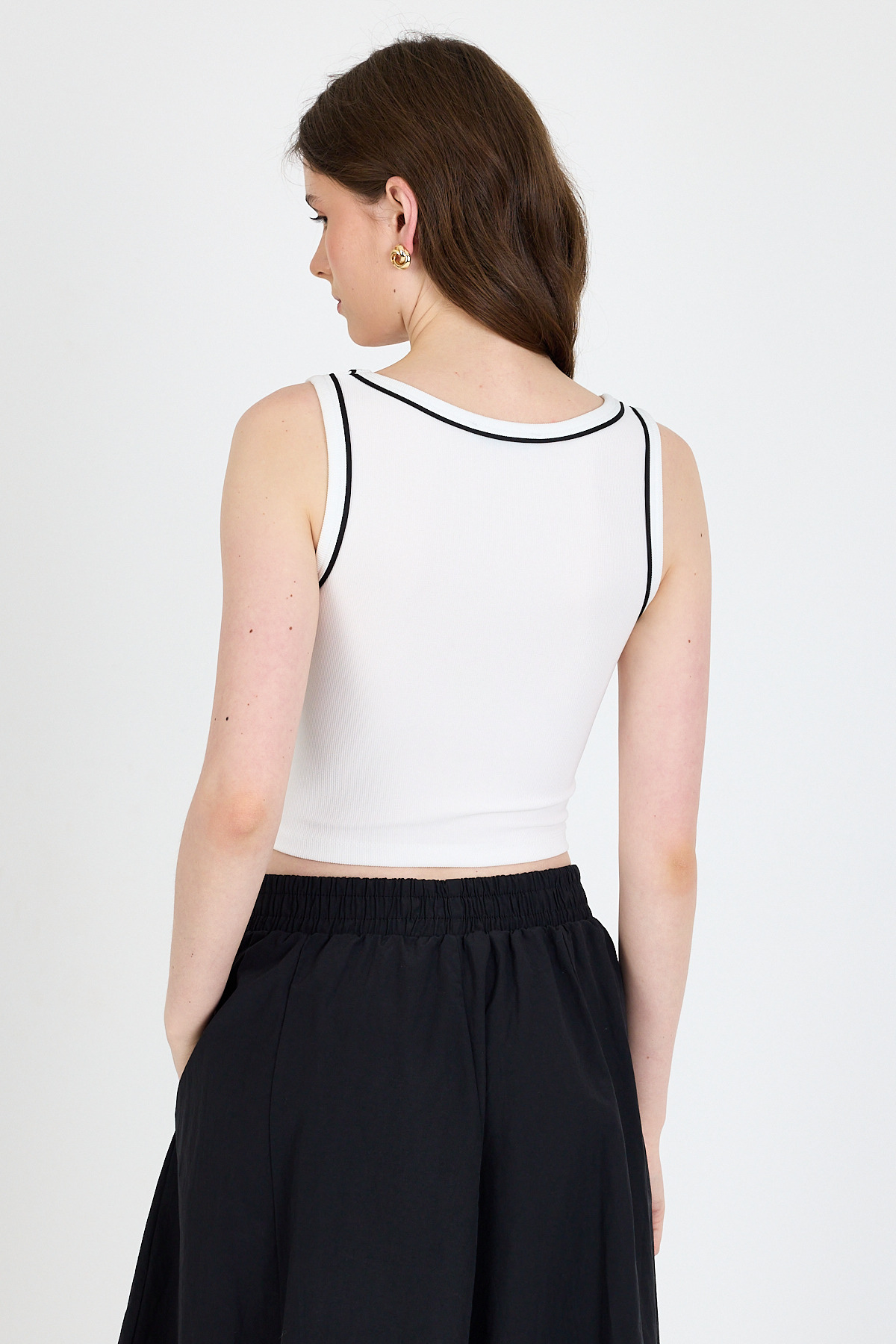 Ekru Şerit Detaylı Örme Crop Atlet 1049 - 5