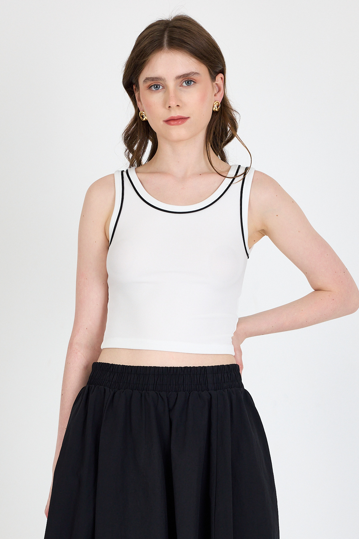 Ekru Şerit Detaylı Örme Crop Atlet 1049 - 6