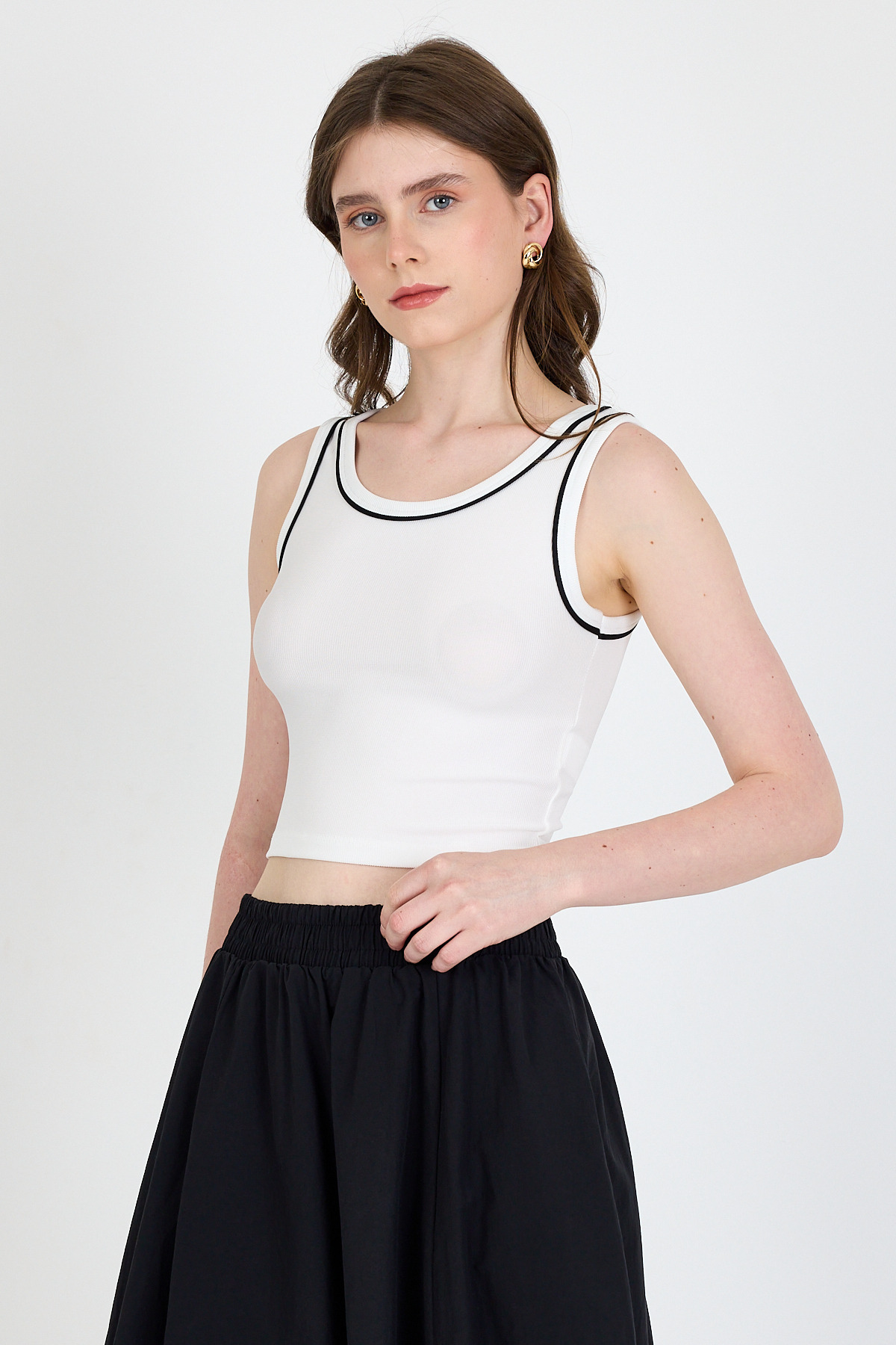 Ekru Şerit Detaylı Örme Crop Atlet 1049 